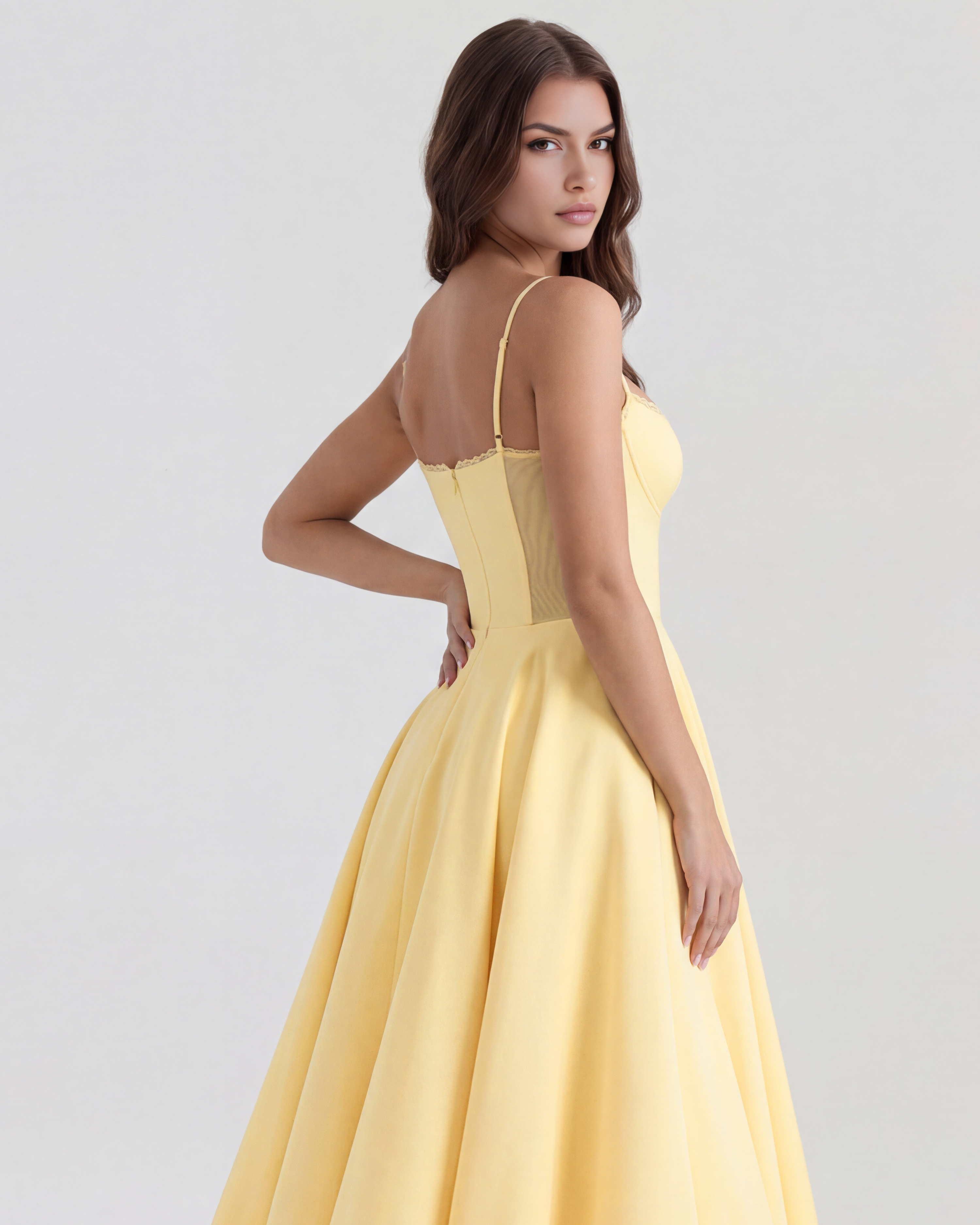 Selene Satin Mesh Midi Wedding Guest Dress - Ivory