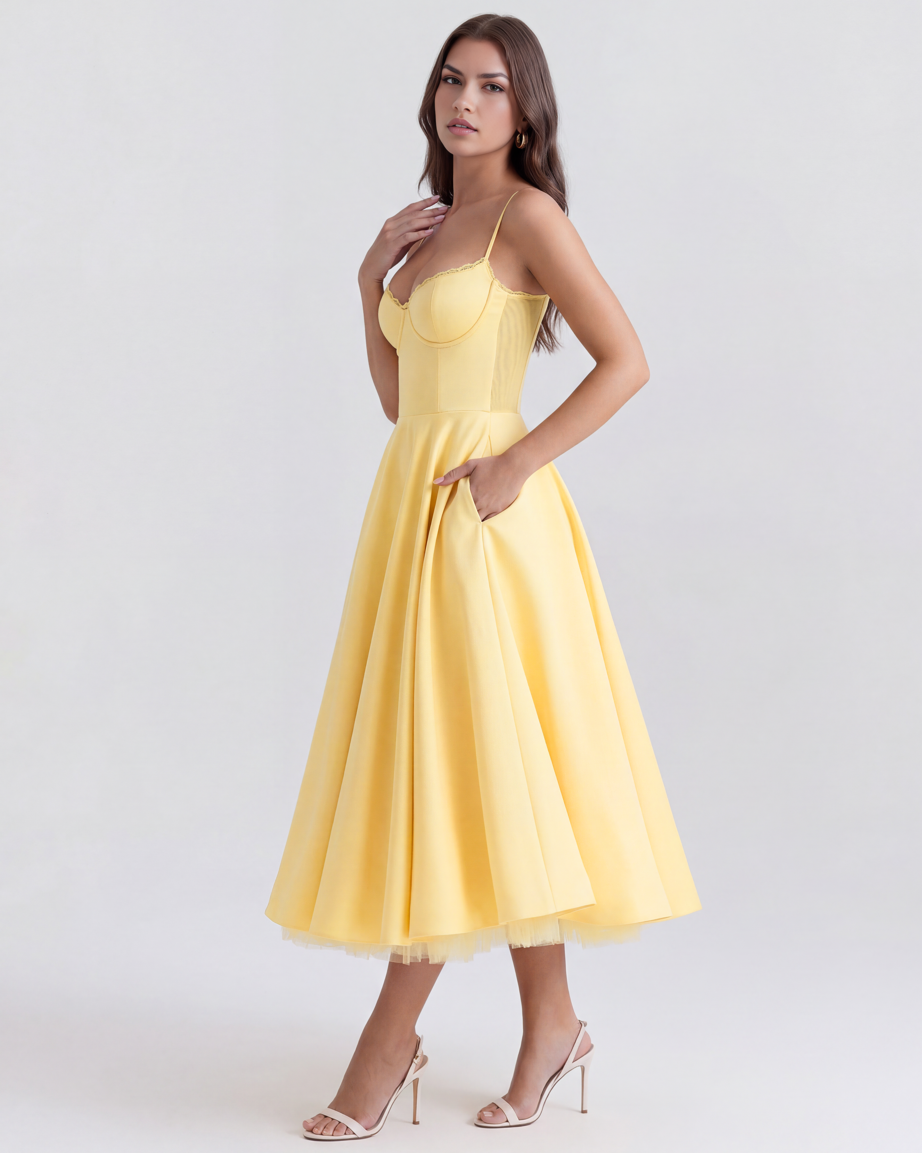 Selene Satin Mesh Midi Wedding Guest Dress - Ivory