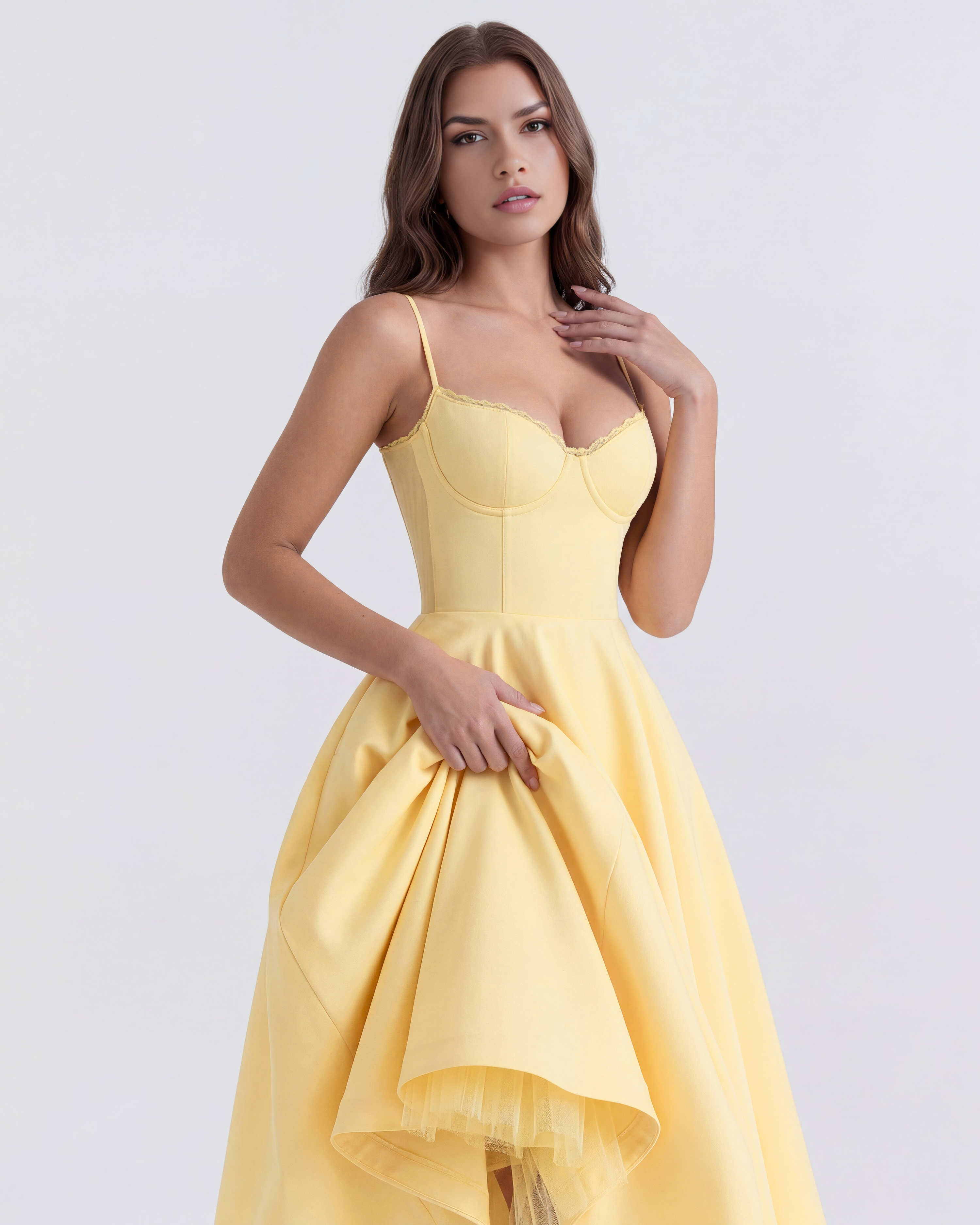 Selene Satin Mesh Midi Wedding Guest Dress - Ivory
