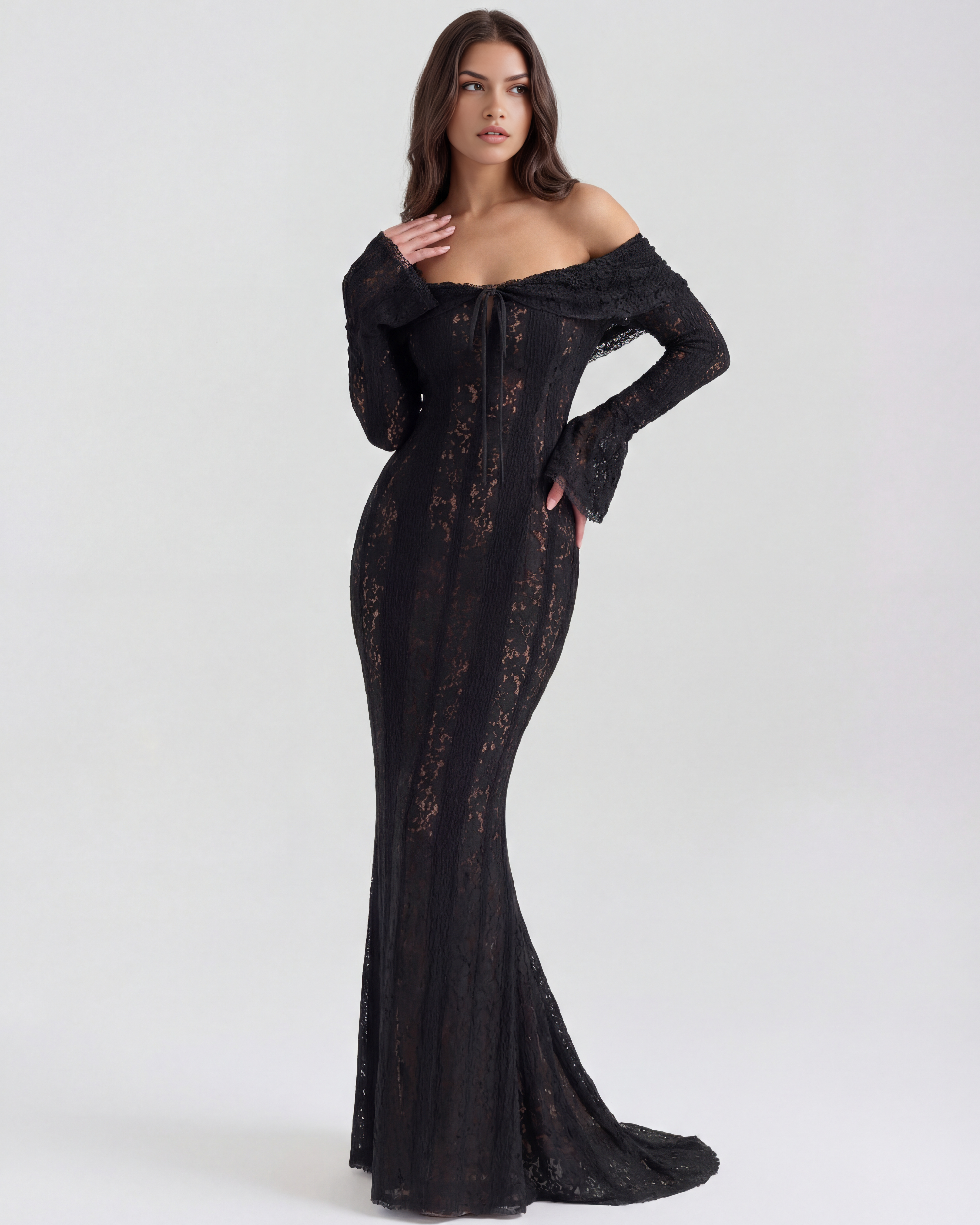 Alessandra Lace Off-Shoulder Maxi Evening Dress - Black