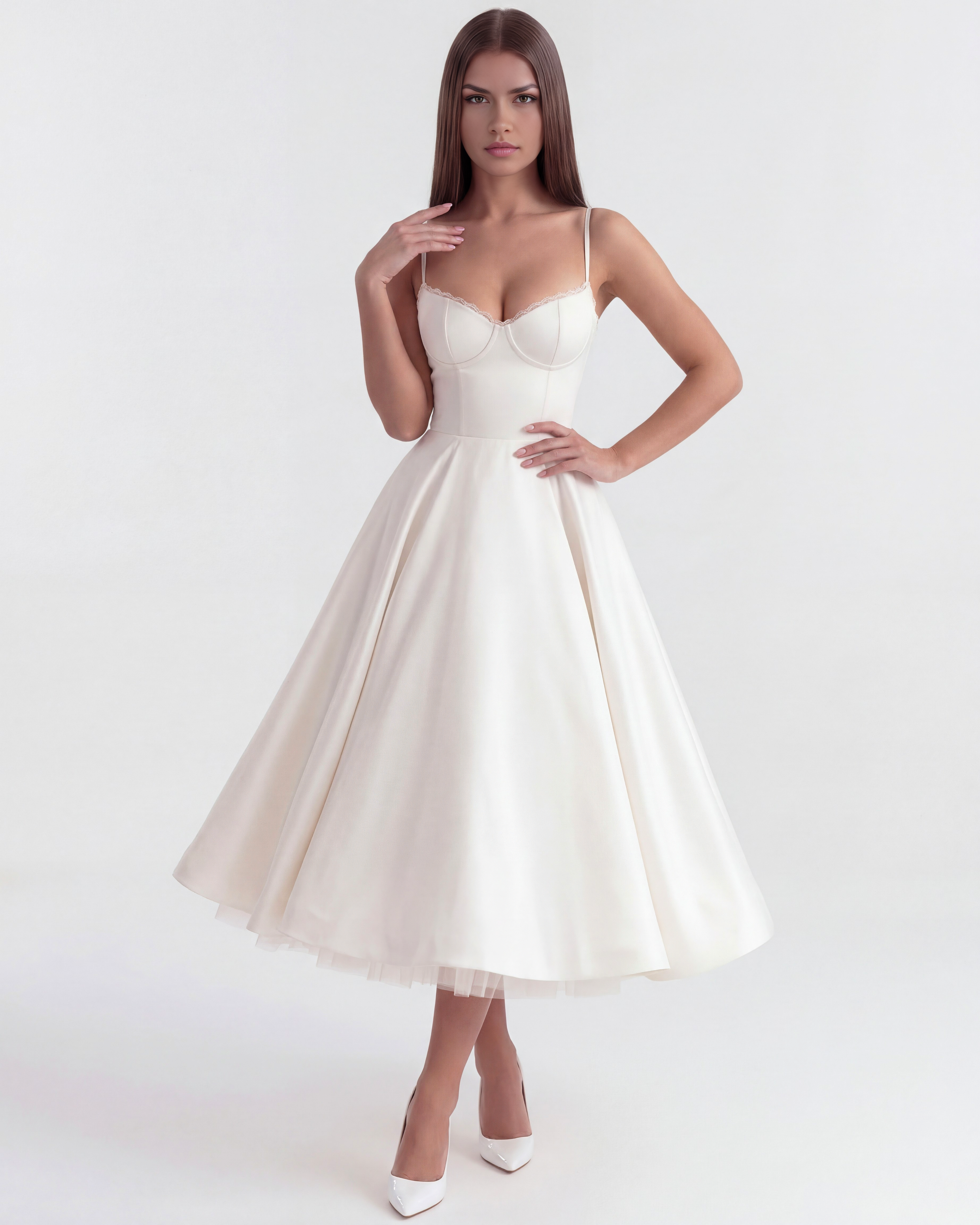 Selene Satin Mesh Midi Wedding Guest Dress - Champagne