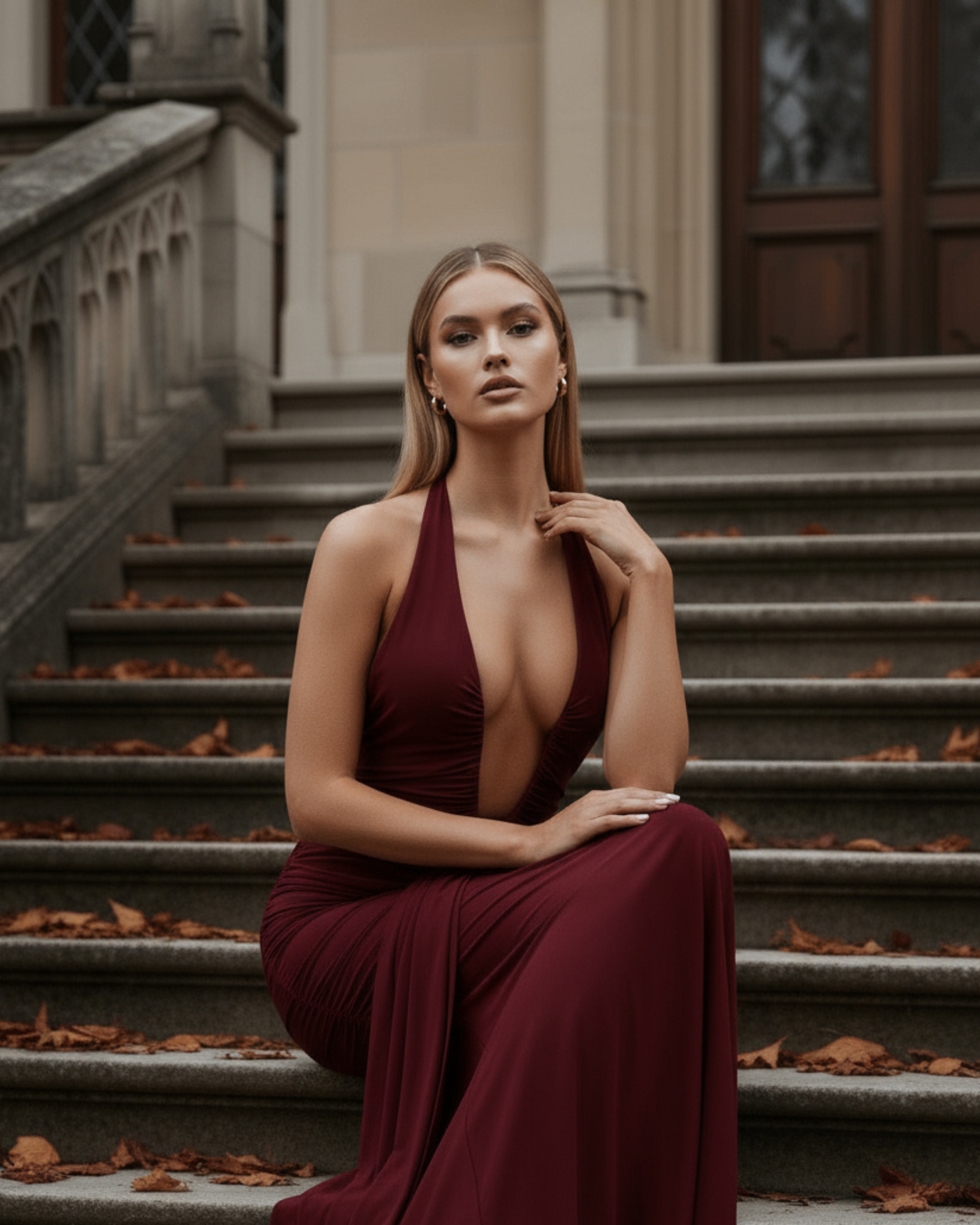 Ariel Ruched Plunging Maxi Evening Dress - Burgundy
