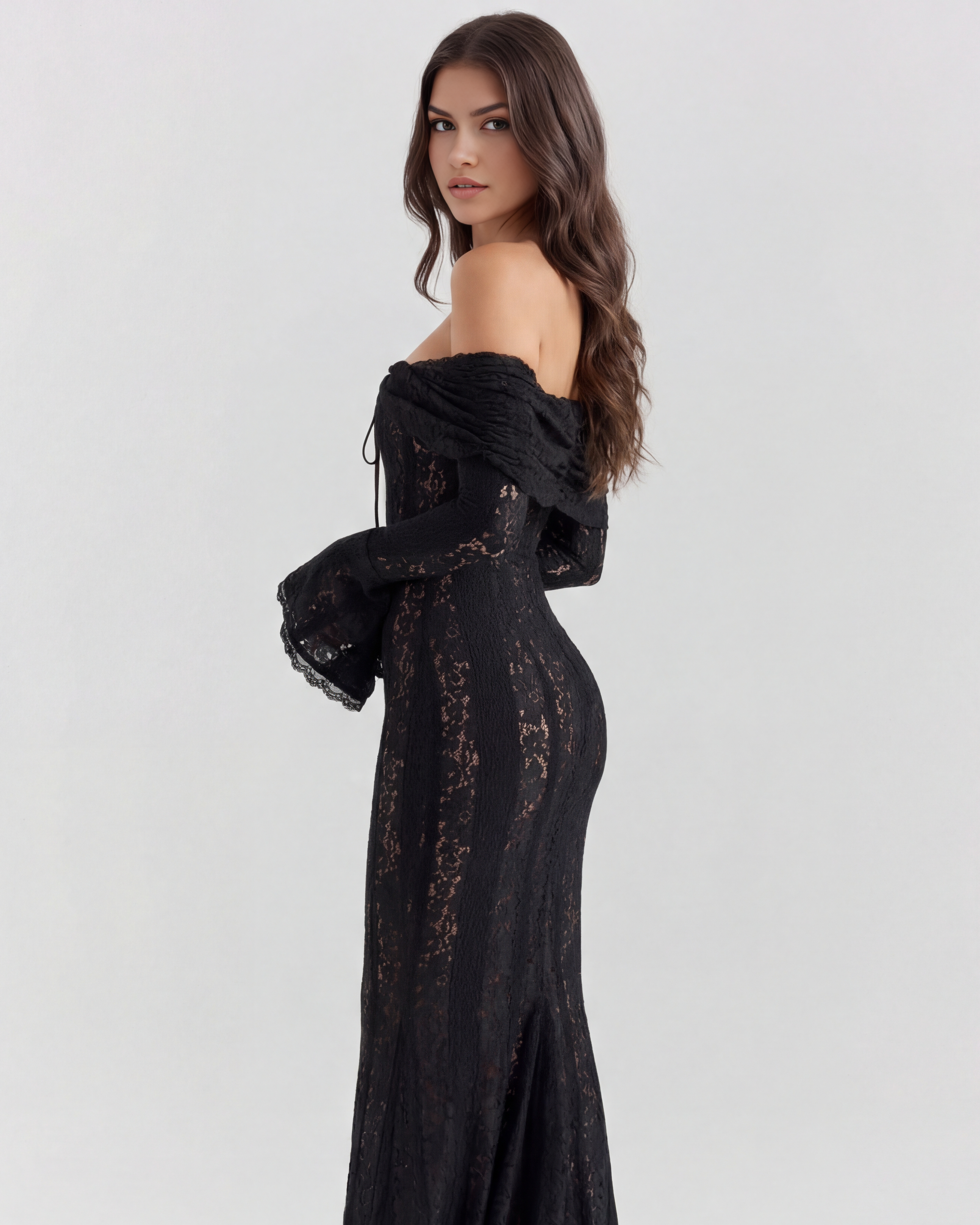 Alessandra Lace Off-Shoulder Maxi Evening Dress - Black