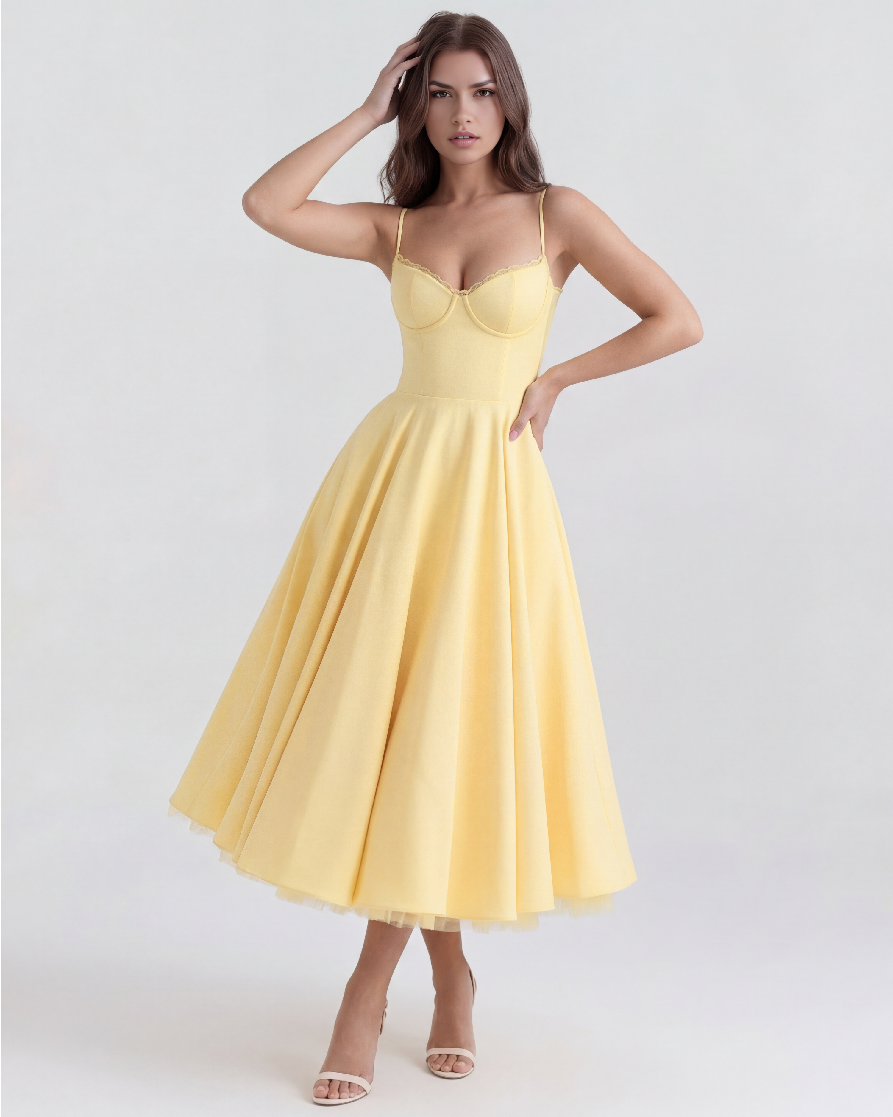 Selene Satin Mesh Midi Wedding Guest Dress - Ivory