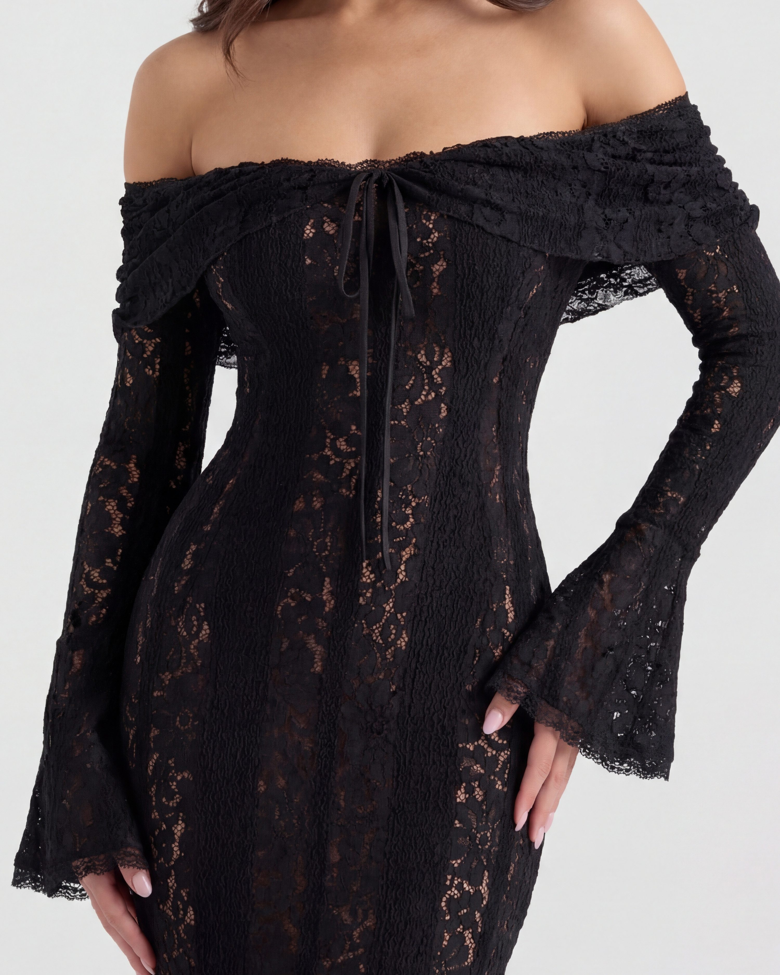 Alessandra Lace Off-Shoulder Maxi Evening Dress - Black