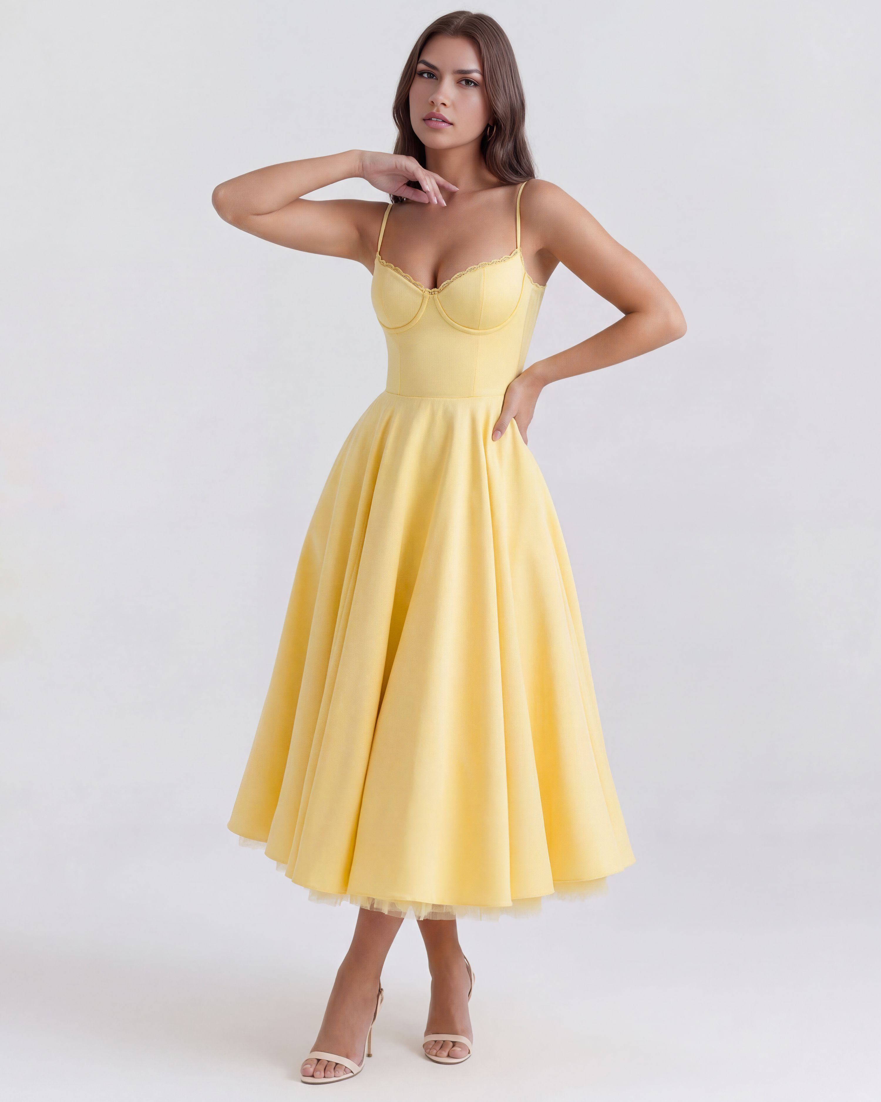Selene Satin Mesh Midi Wedding Guest Dress - Ivory