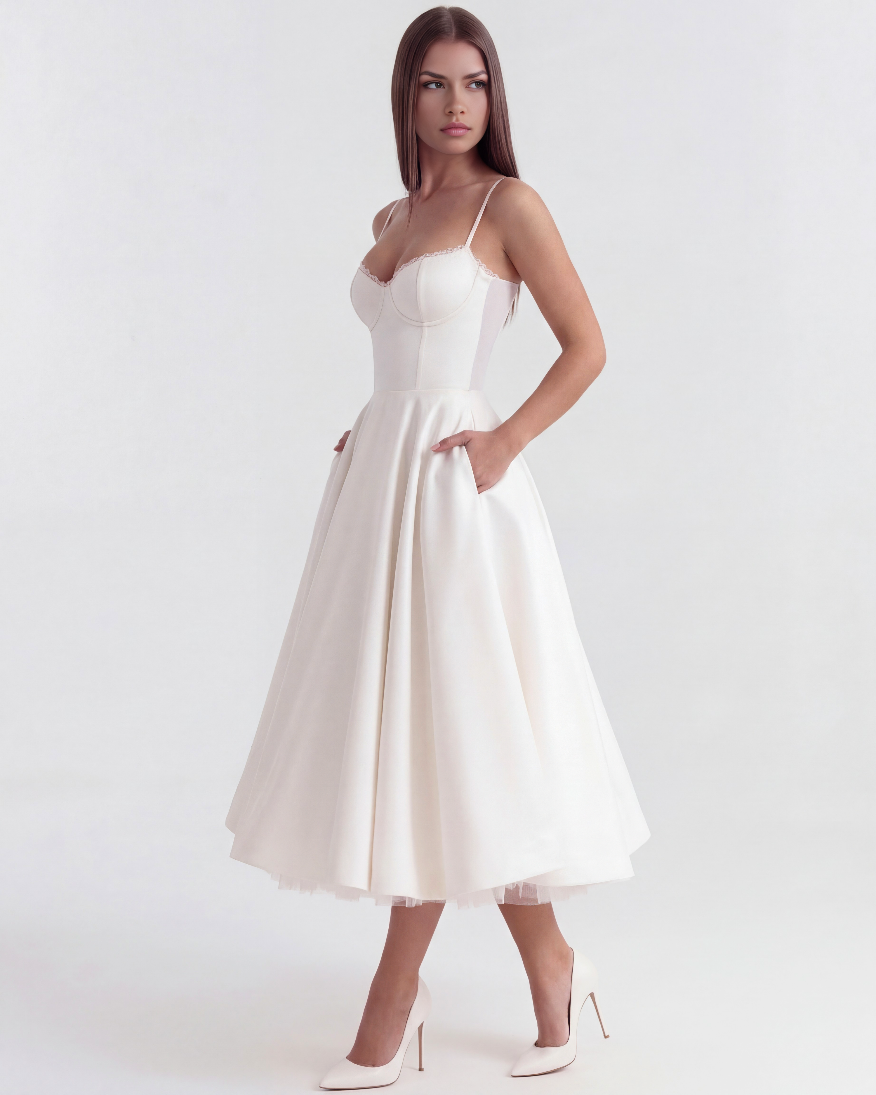 Selene Satin Mesh Midi Wedding Guest Dress - Champagne