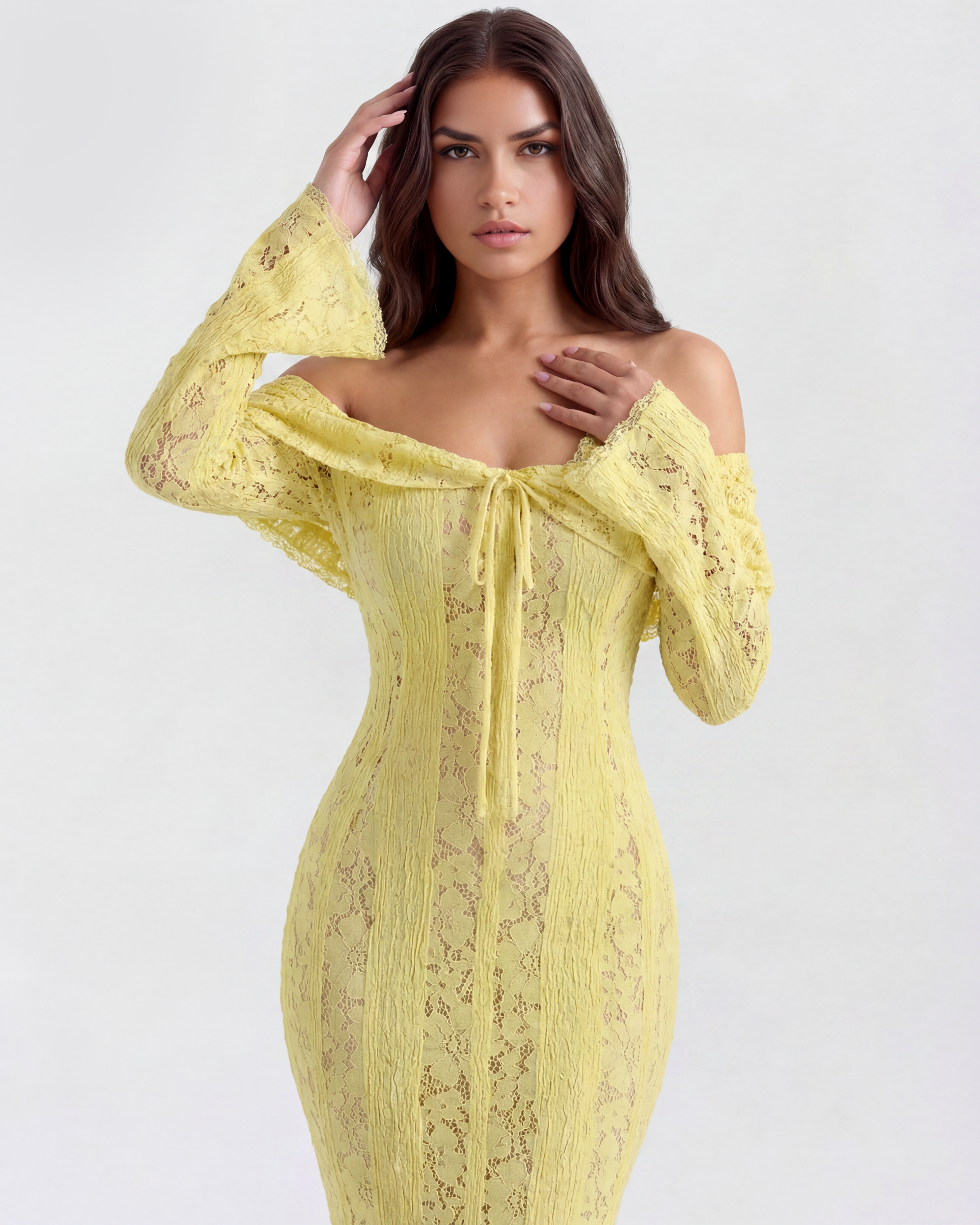 Alessandra Lace Off-Shoulder Maxi Evening Dress - Yellow - Ciel Cee