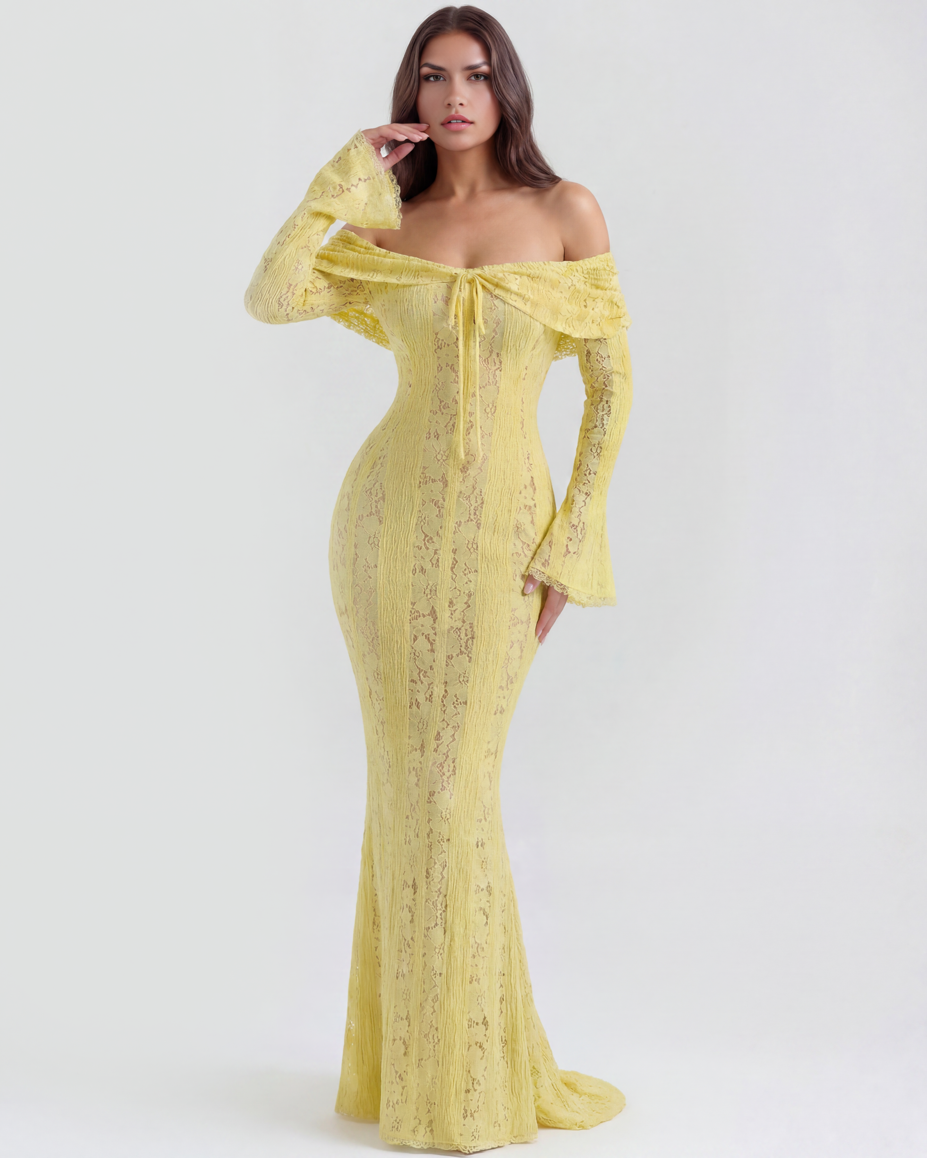 Alessandra Lace Off-Shoulder Maxi Evening Dress - Yellow - Ciel Cee