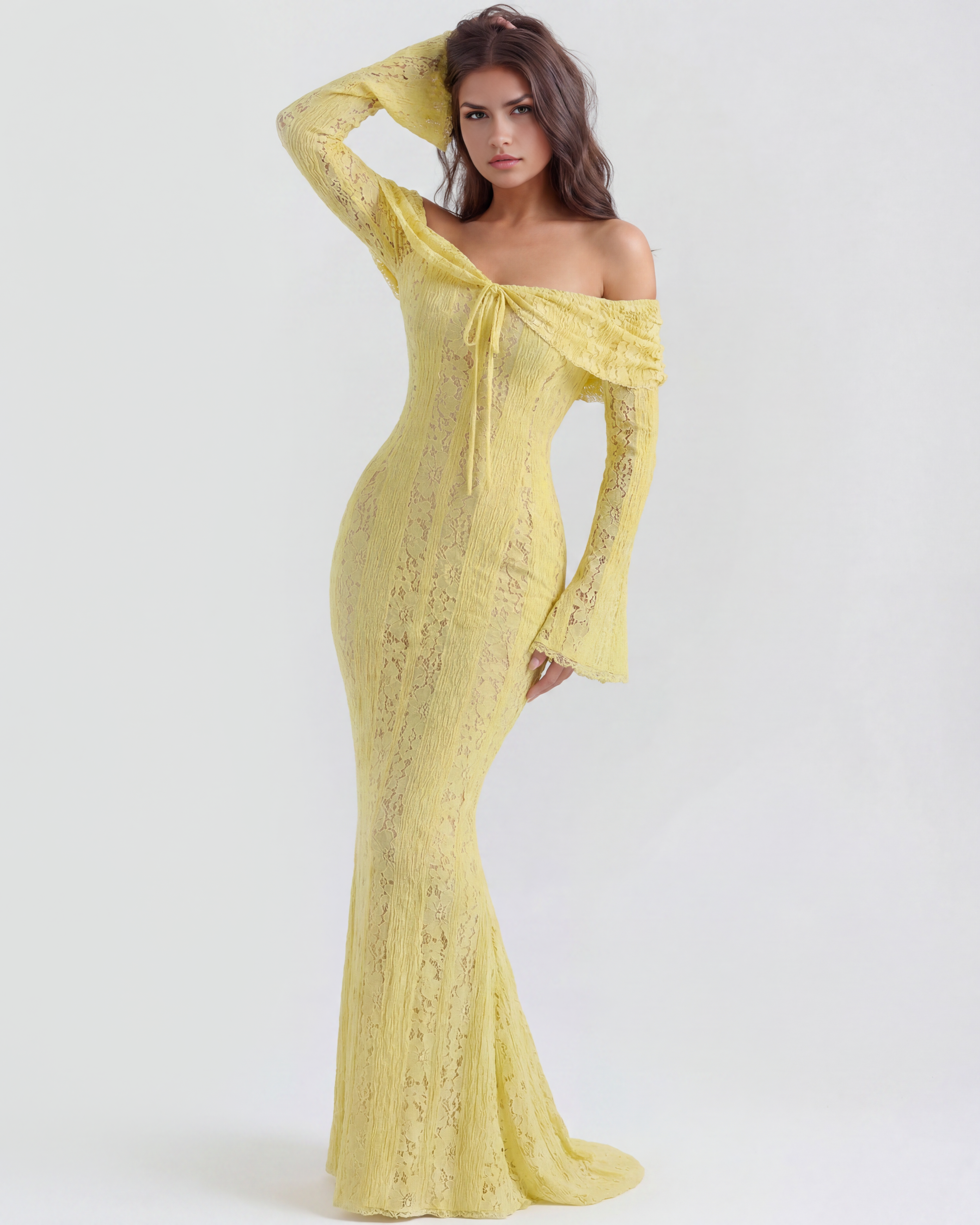 Alessandra Lace Off-Shoulder Maxi Evening Dress - Yellow - Ciel Cee