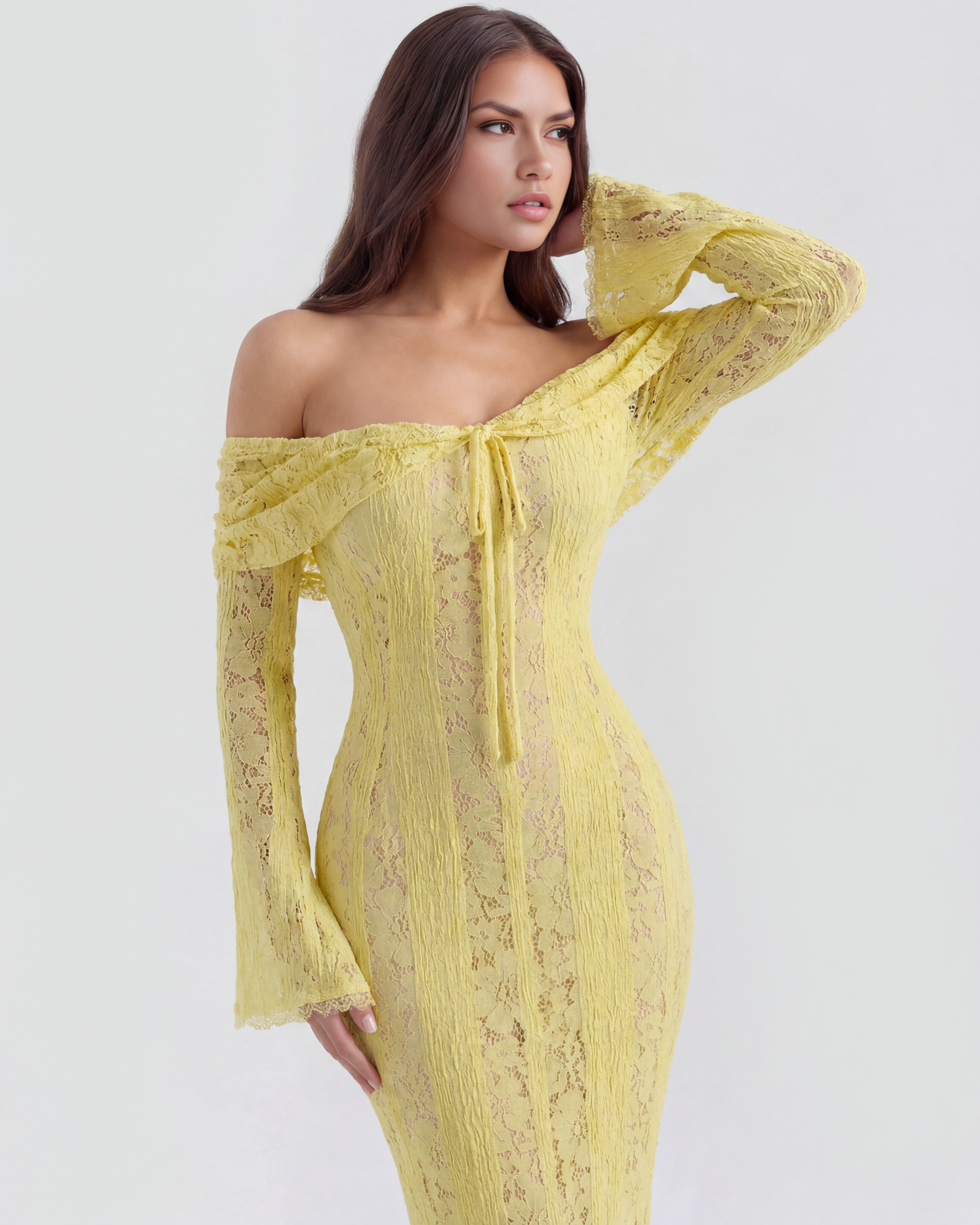 Alessandra Lace Off-Shoulder Maxi Evening Dress - Yellow - Ciel Cee