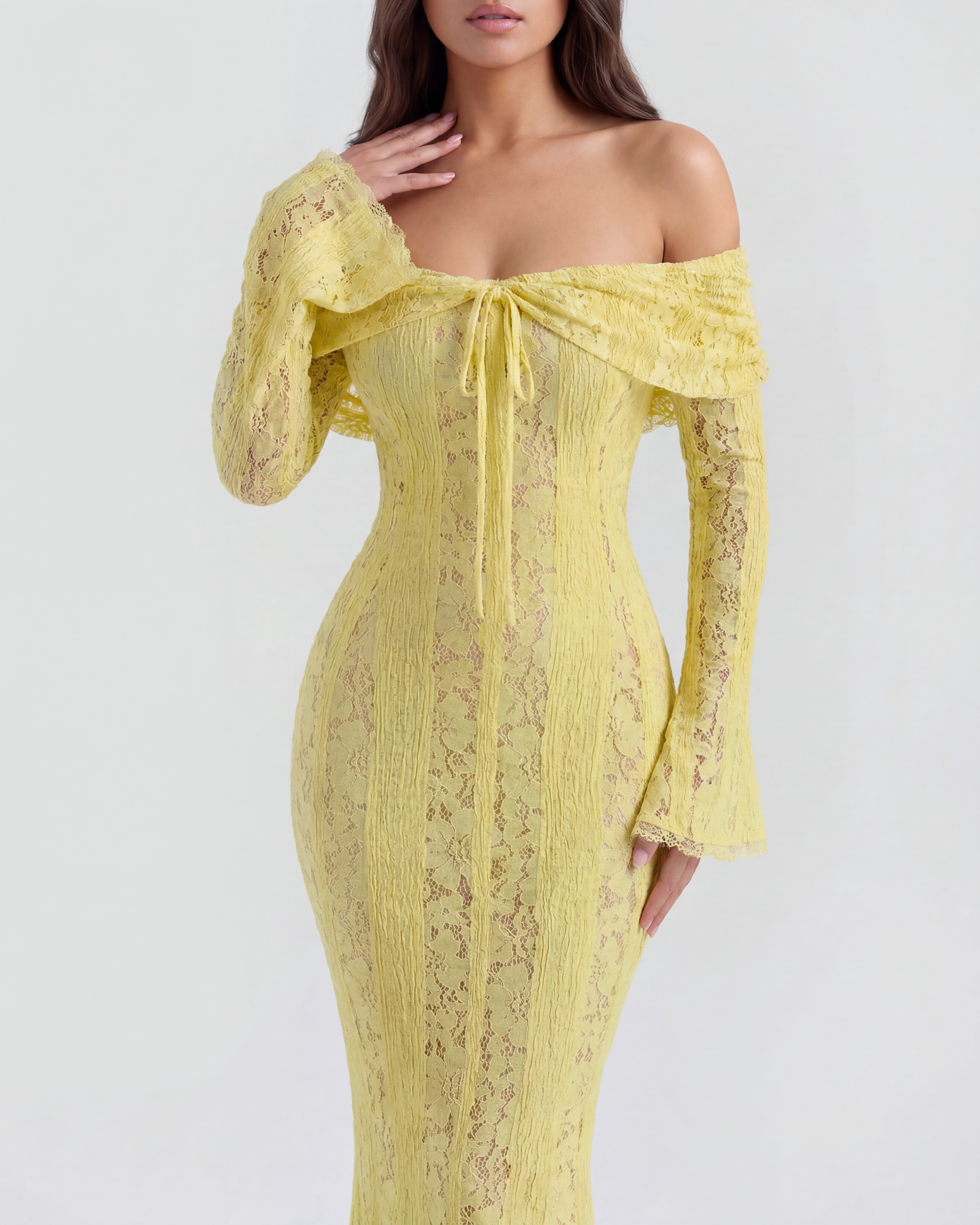 Alessandra Lace Off-Shoulder Maxi Evening Dress - Yellow - Ciel Cee