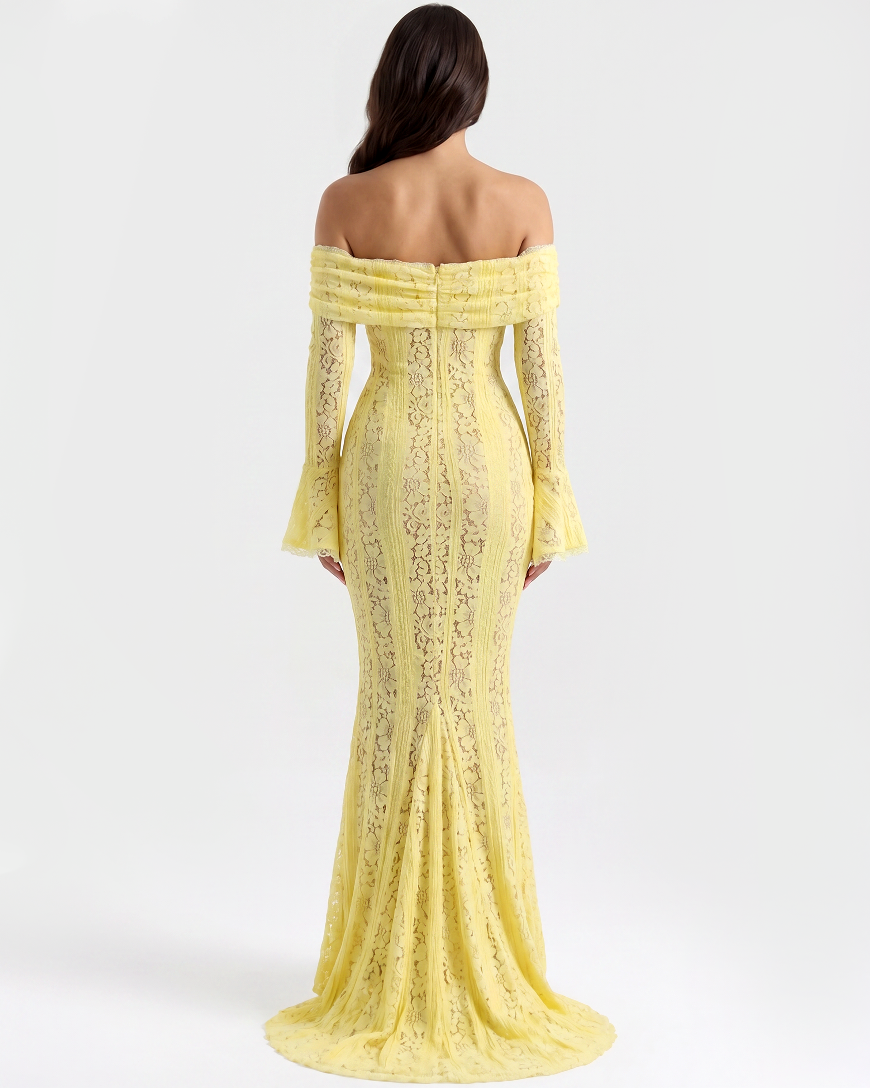 Alessandra Lace Off-Shoulder Maxi Evening Dress - Yellow - Ciel Cee