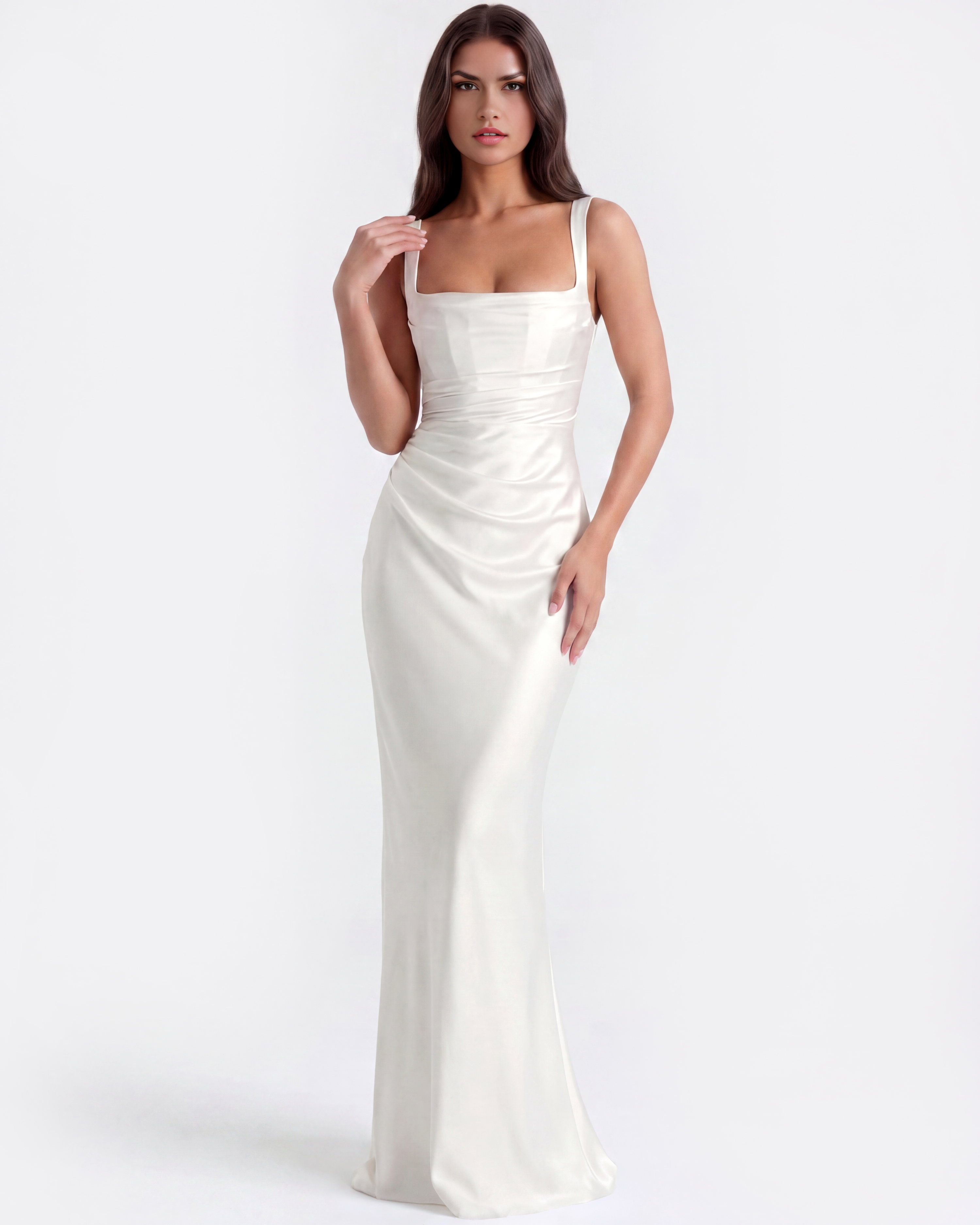 Adrienne Pleated Satin Maxi Wedding Guest Dress - White - Ciel Cee