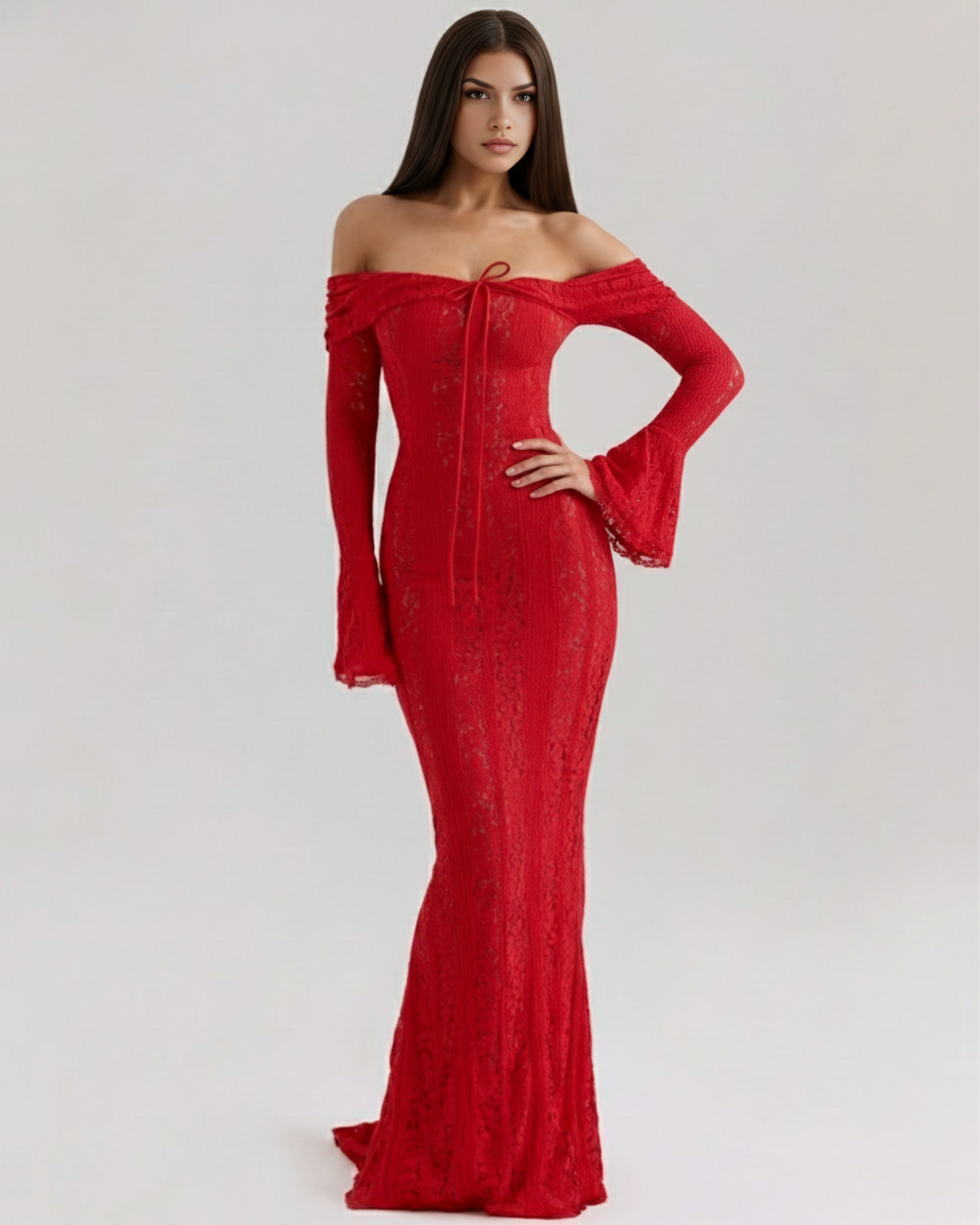 Alessandra Lace Off-Shoulder Maxi Evening Dress - Black