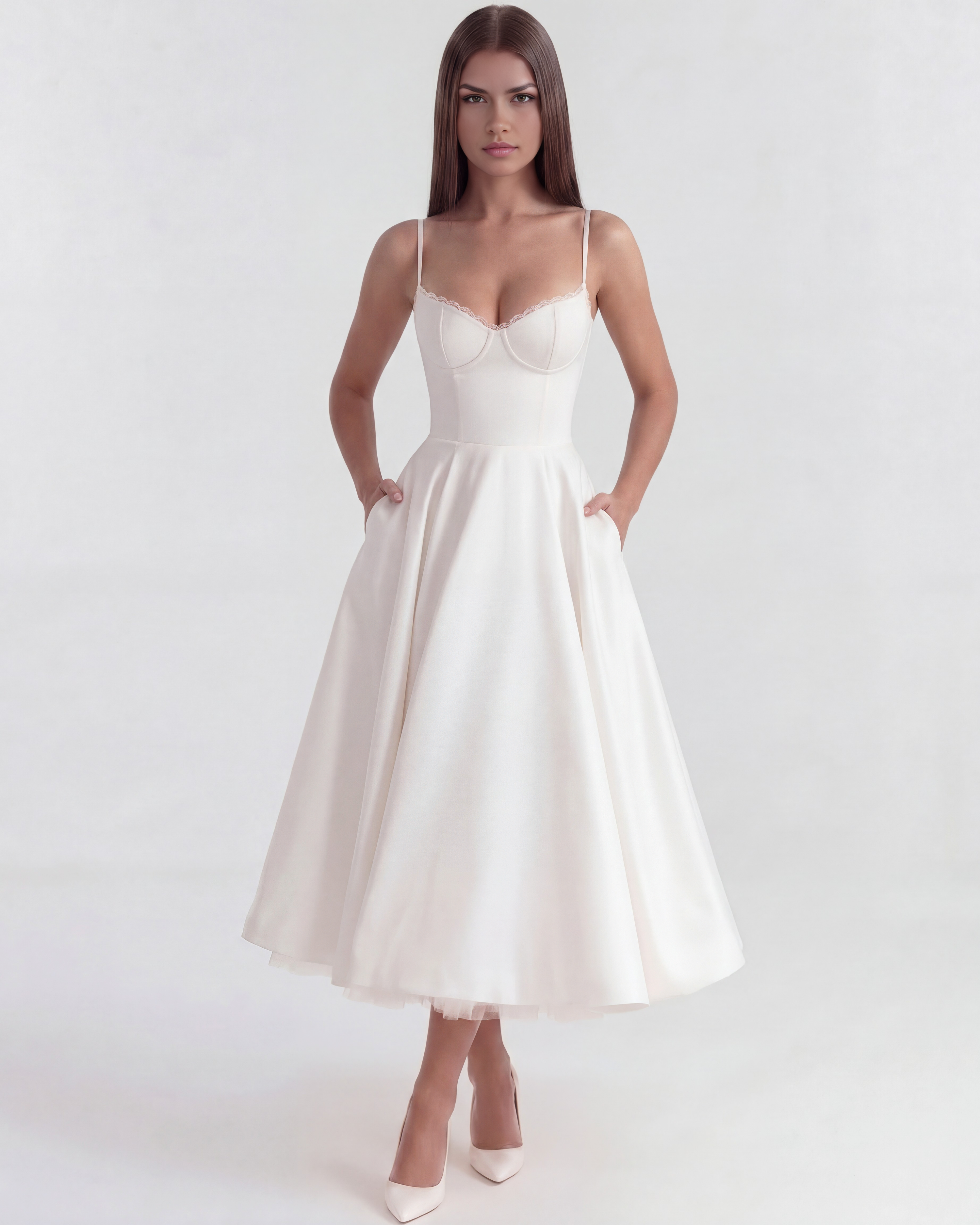 Selene Satin Mesh Midi Wedding Guest Dress - Champagne