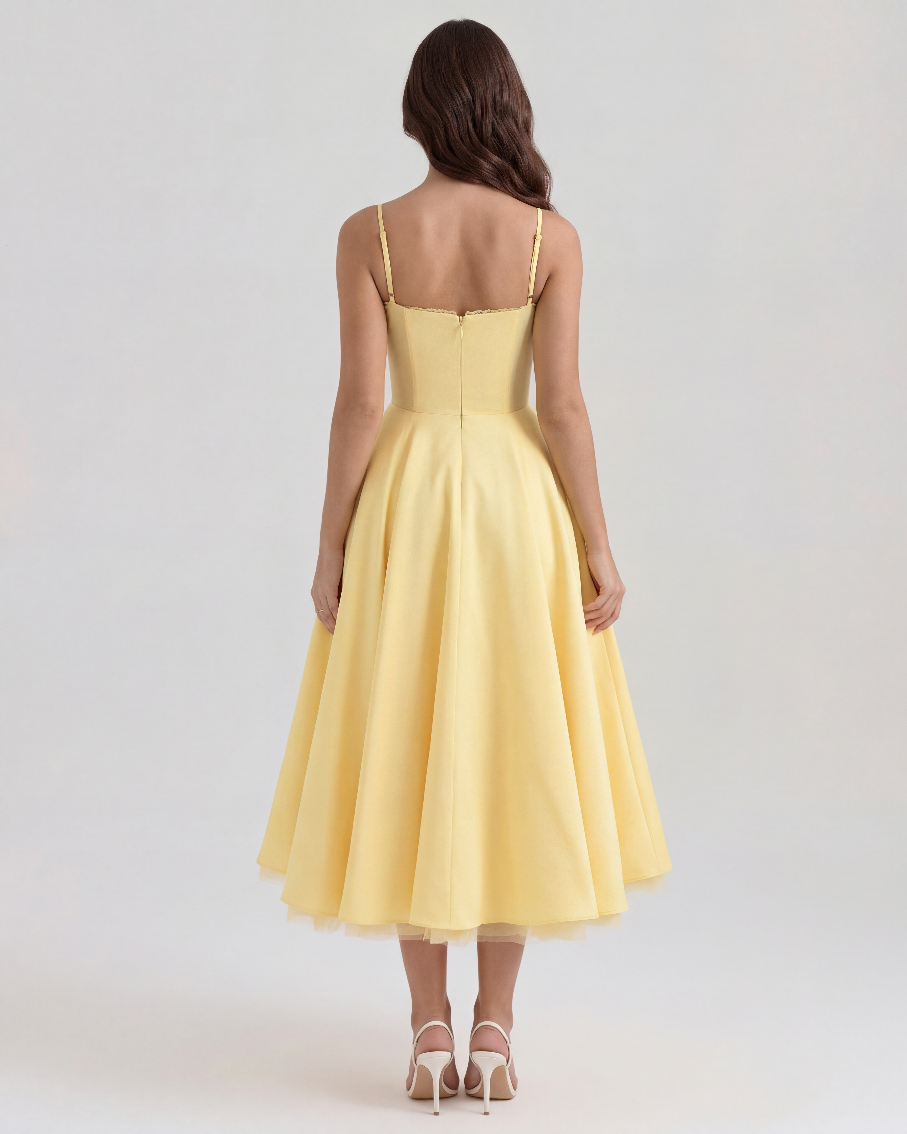 Selene Satin Mesh Midi Wedding Guest Dress - Ivory