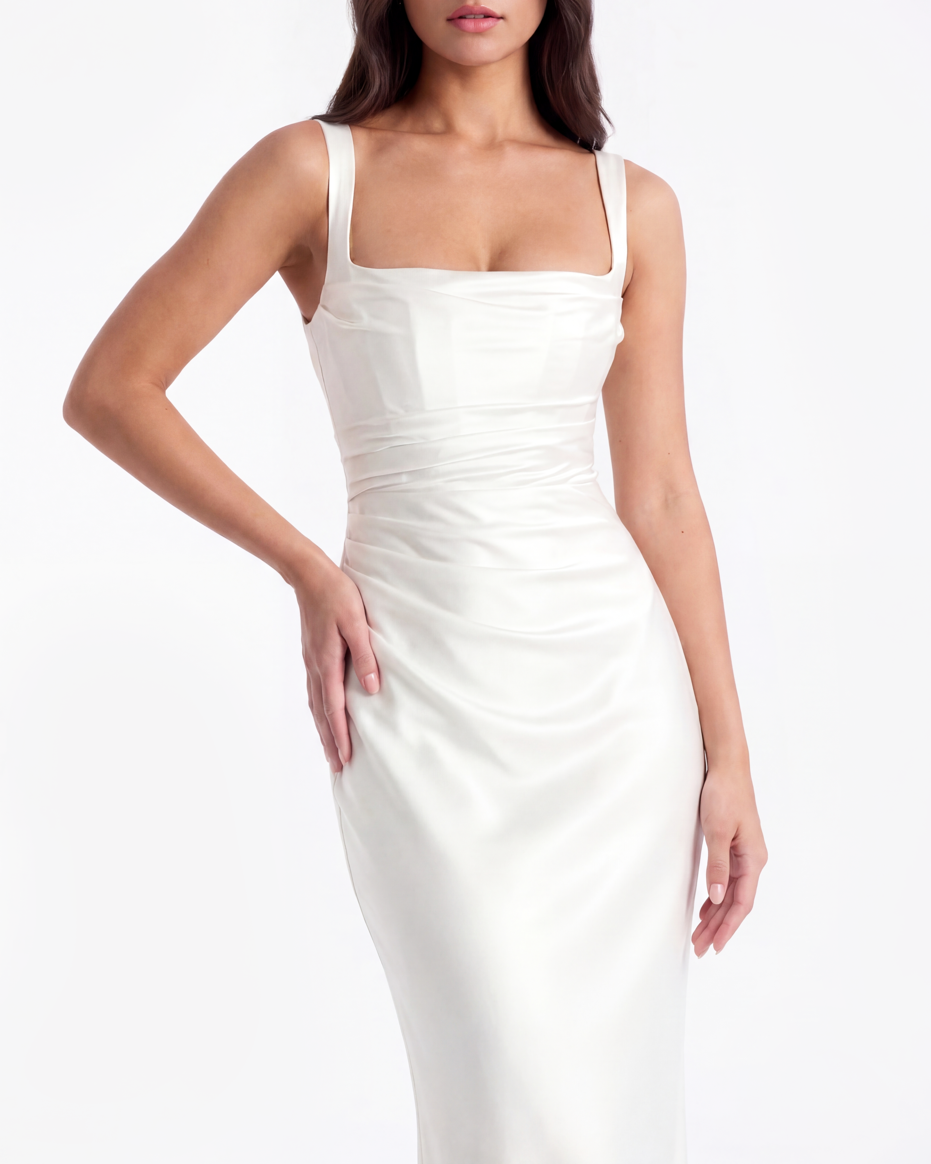 Adrienne Pleated Satin Maxi Wedding Guest Dress - White - Ciel Cee