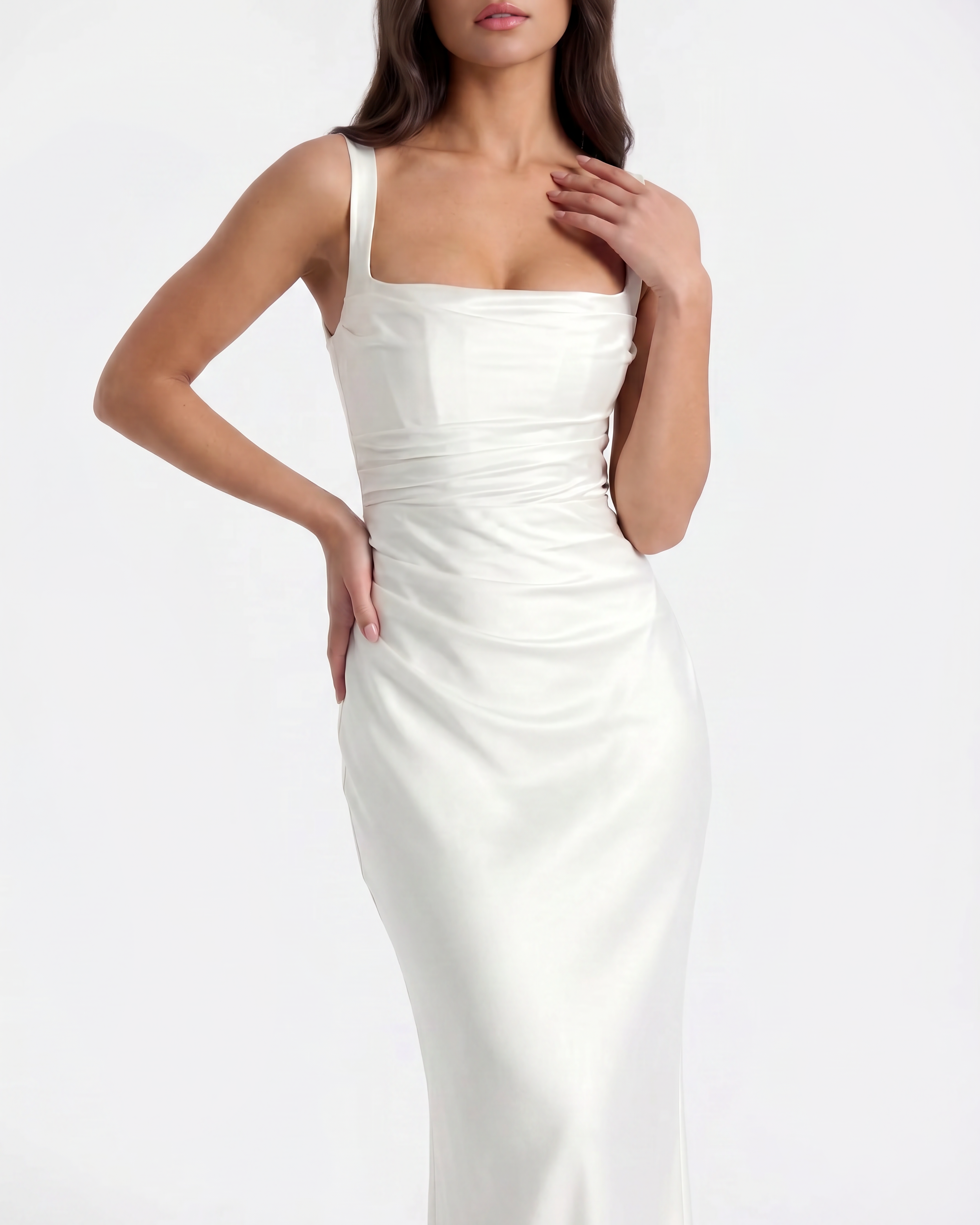 Adrienne Pleated Satin Maxi Wedding Guest Dress - White - Ciel Cee