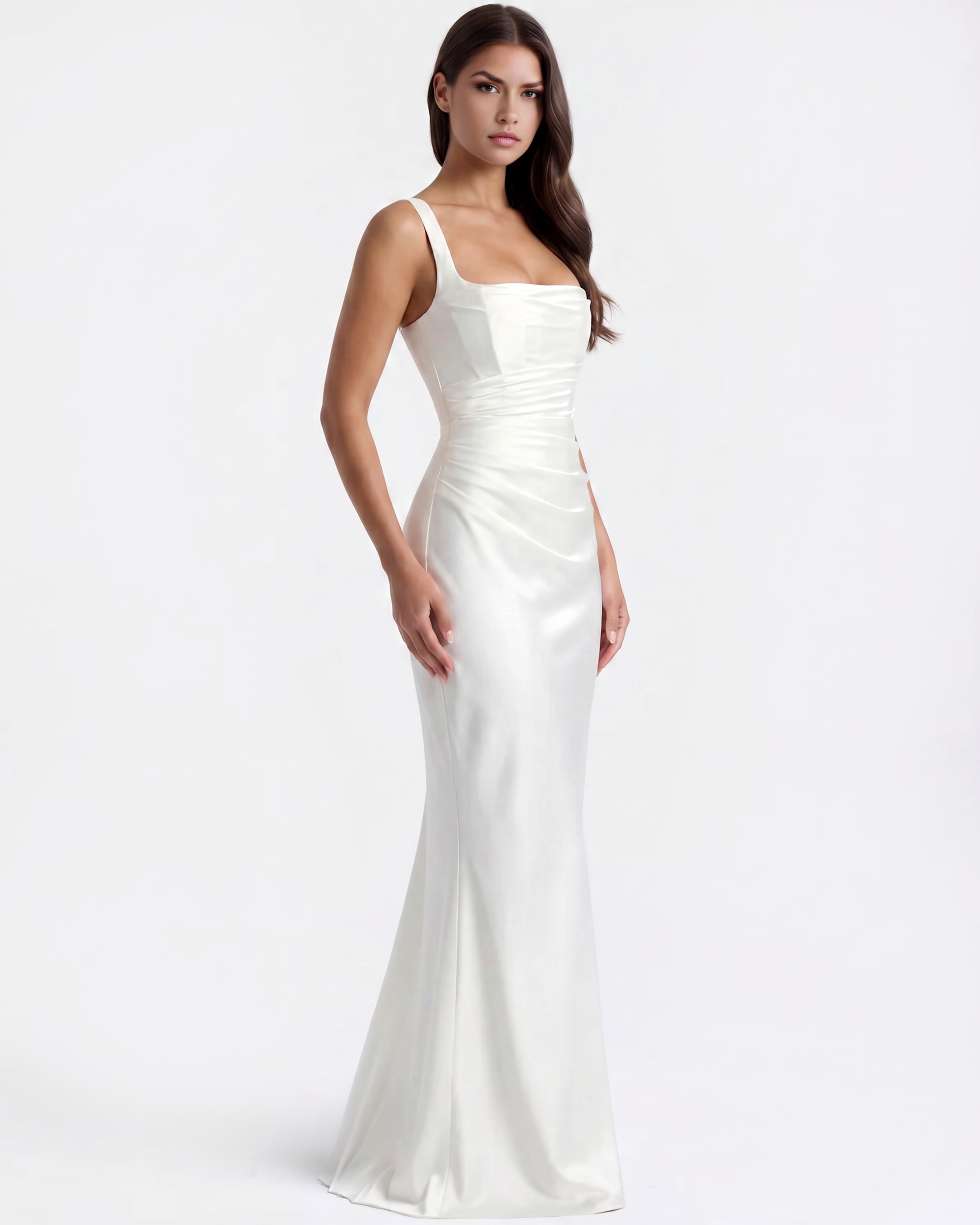 Adrienne Pleated Satin Maxi Wedding Guest Dress - White - Ciel Cee