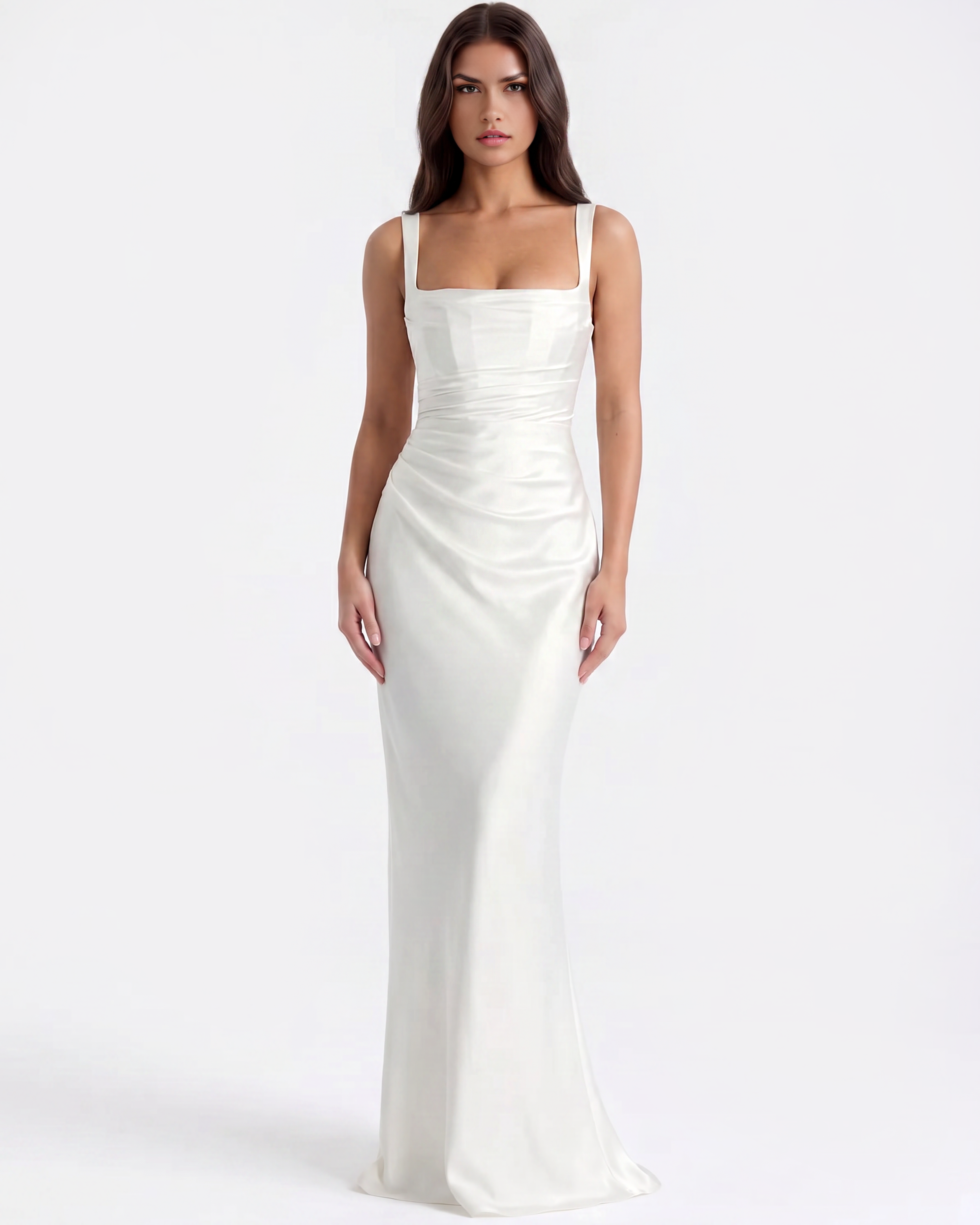 Adrienne Pleated Satin Maxi Wedding Guest Dress - White - Ciel Cee