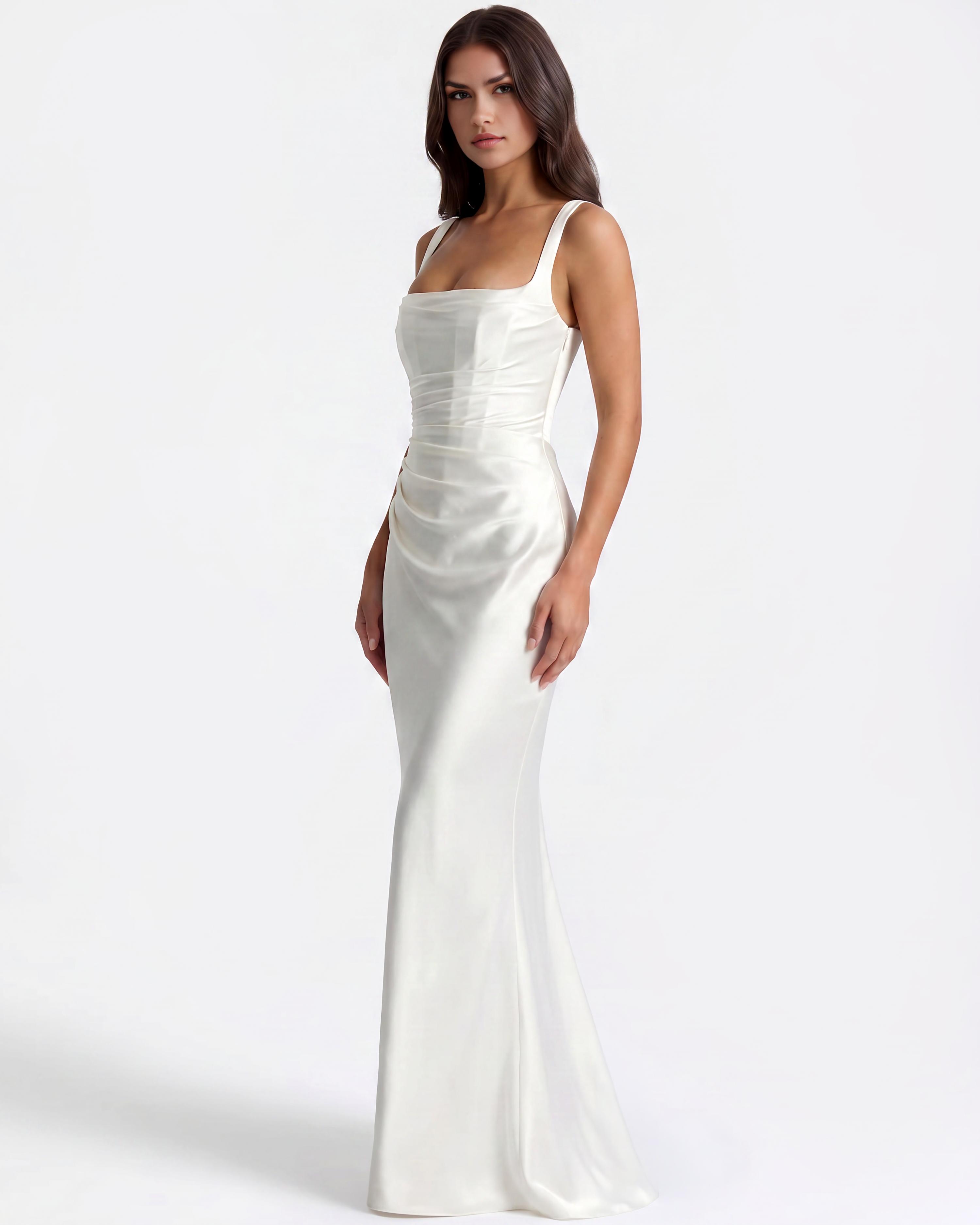 Adrienne Pleated Satin Maxi Wedding Guest Dress - White - Ciel Cee