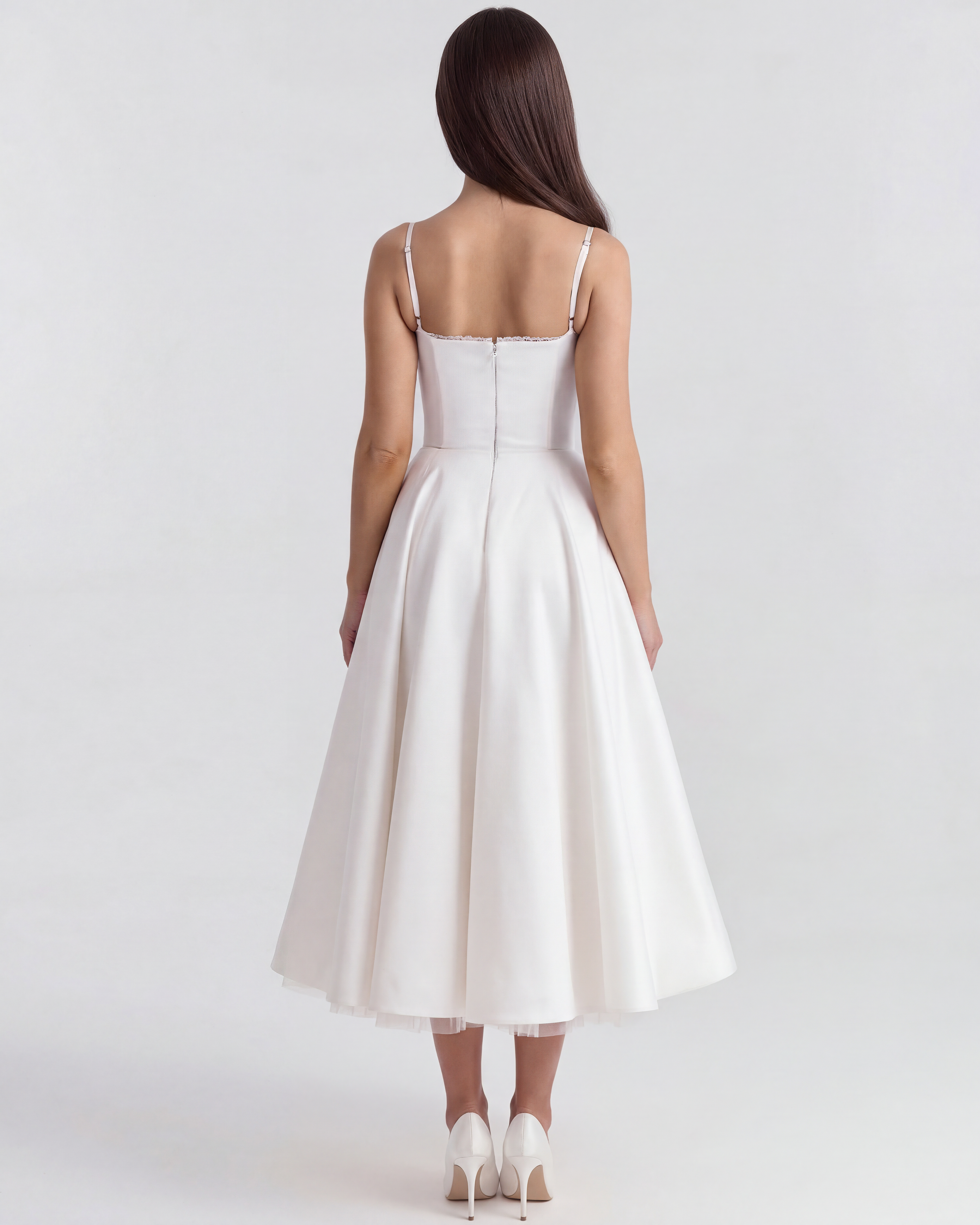 Selene Satin Mesh Midi Wedding Guest Dress - Champagne