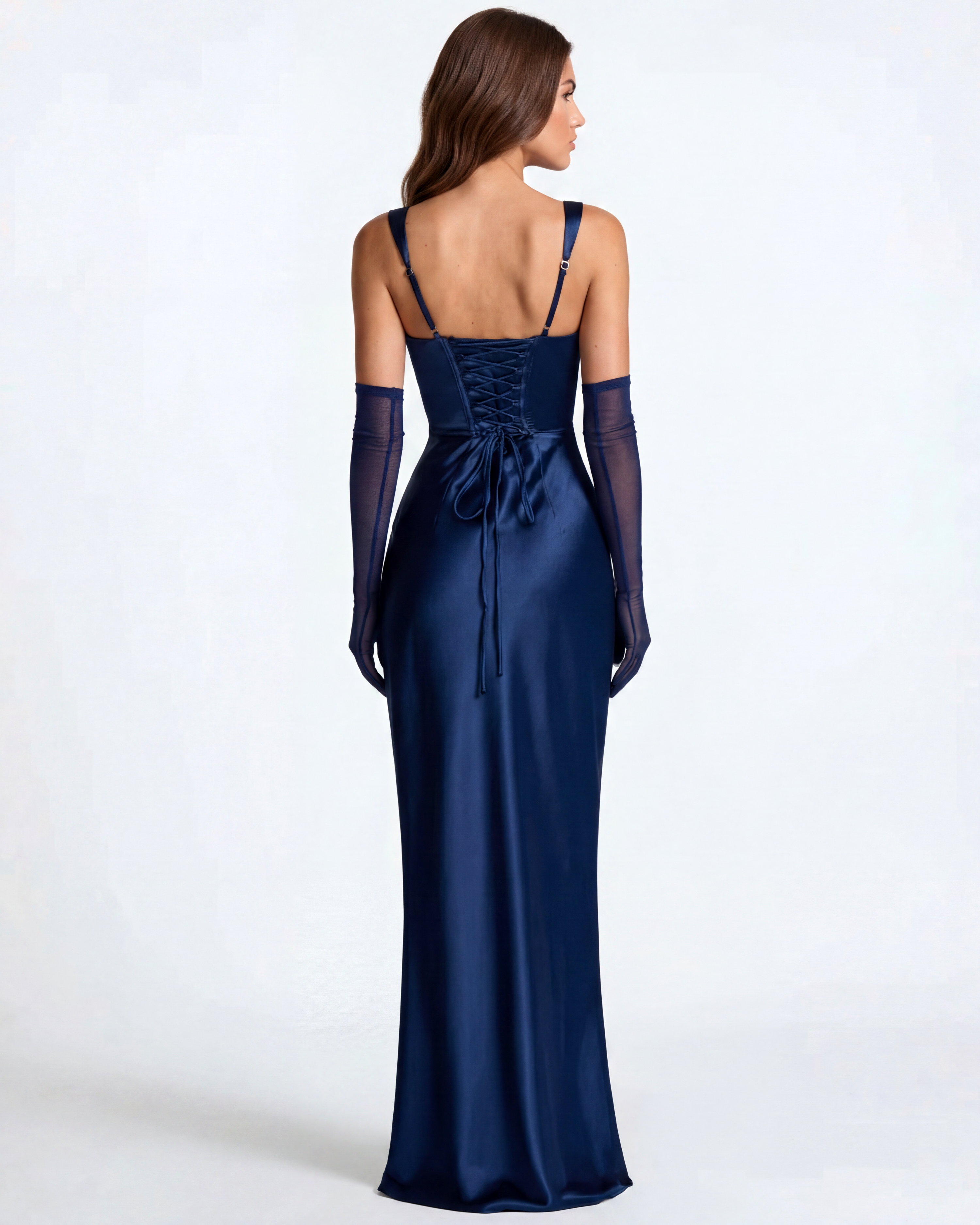 Adrienne Pleated Satin Maxi Formal Dress - Navy - Ciel Cee
