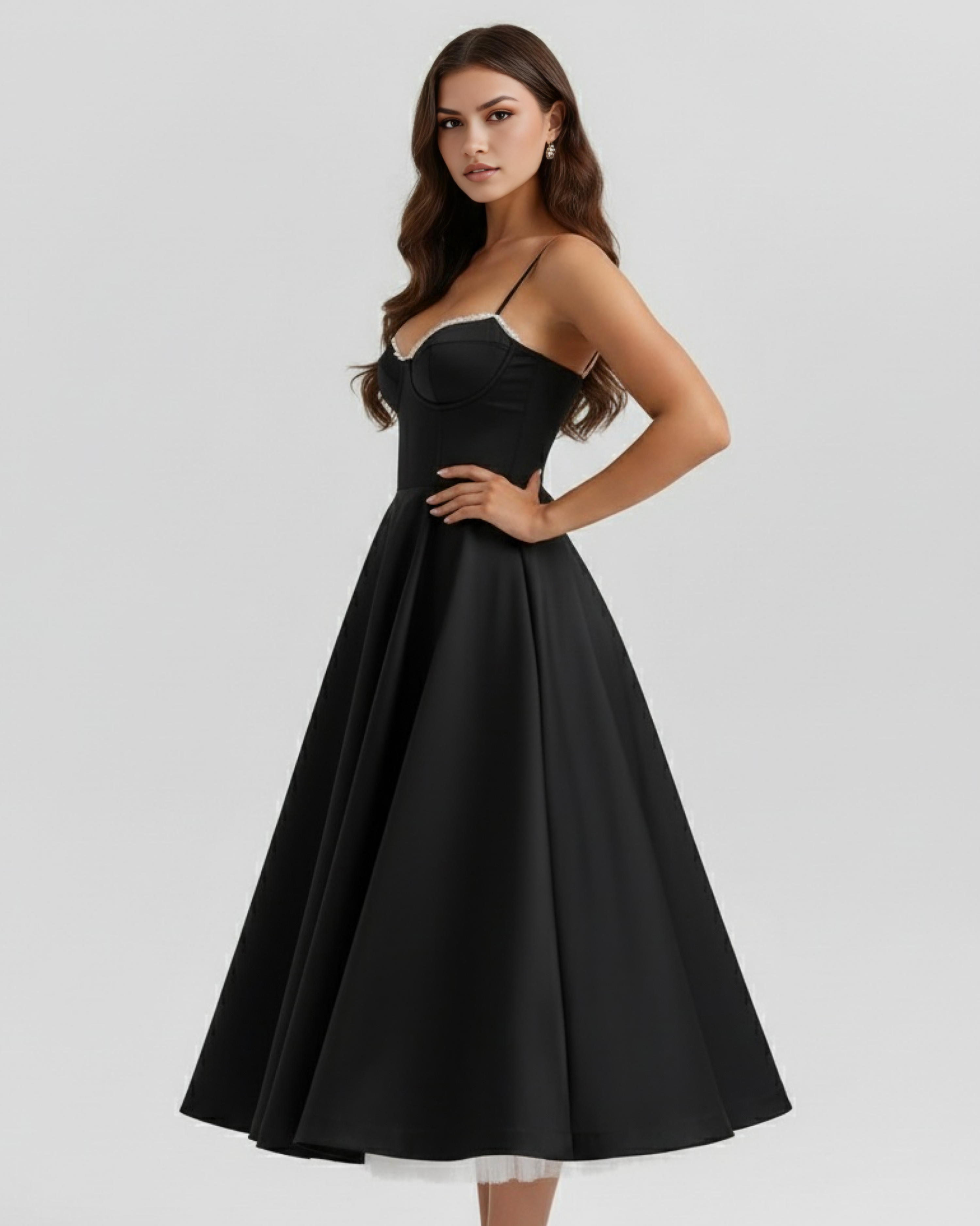 Selene Satin Mesh Midi Wedding Guest Dress - Ivory