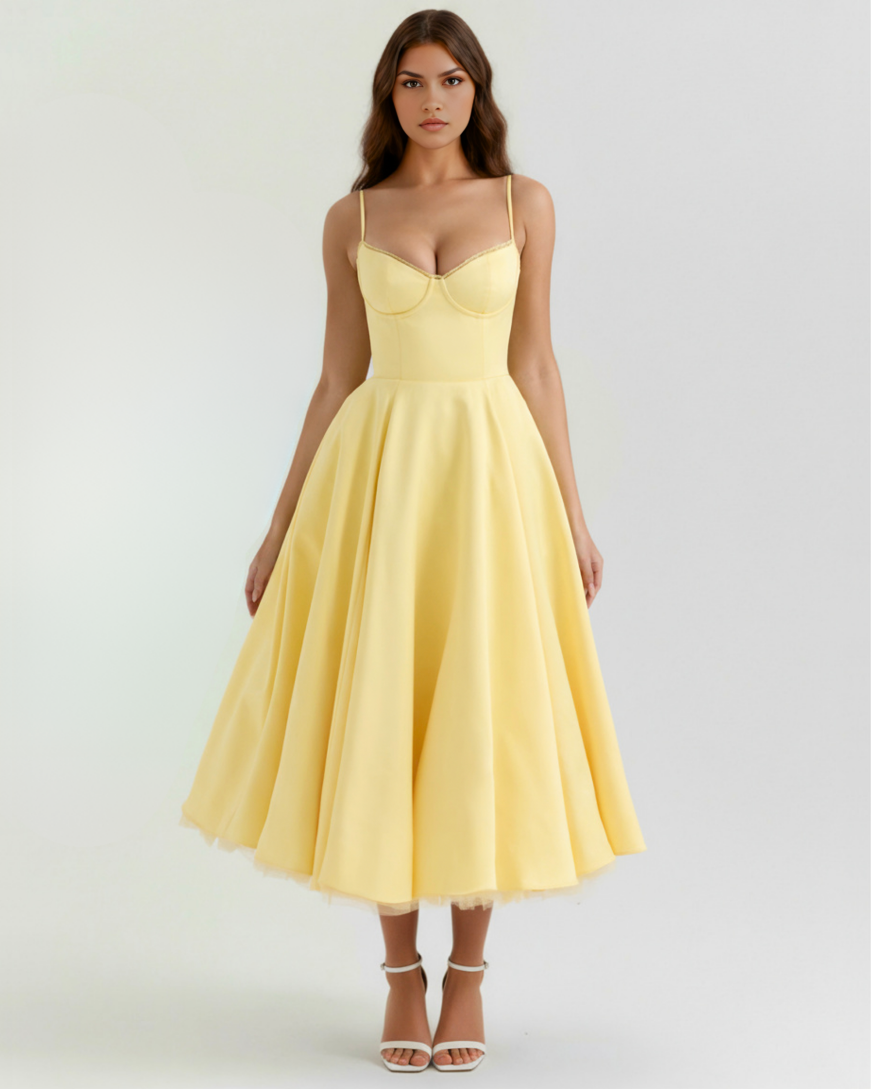 Selene Satin Mesh Midi Wedding Guest Dress - Champagne