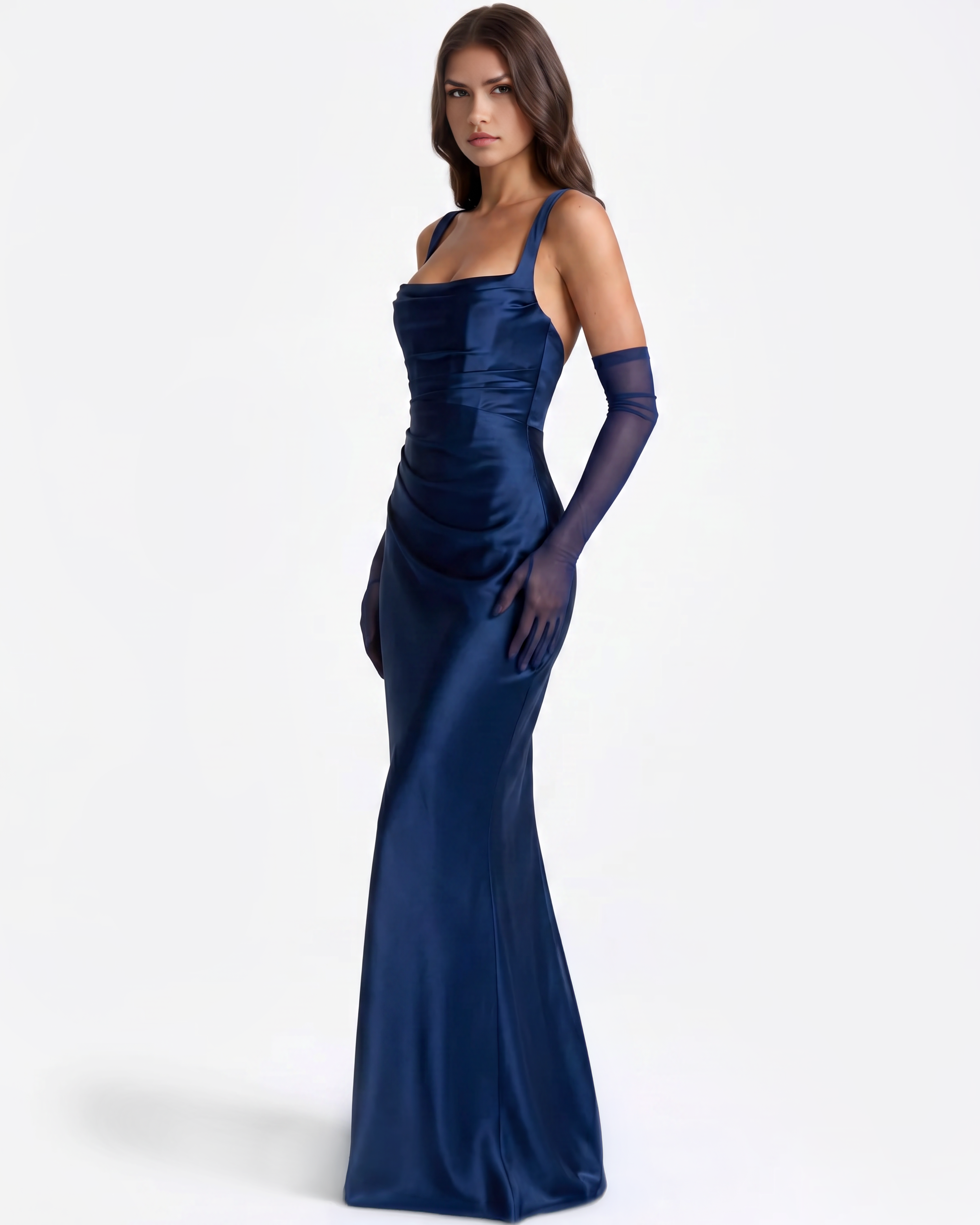 Adrienne Pleated Satin Maxi Formal Dress - Navy - Ciel Cee