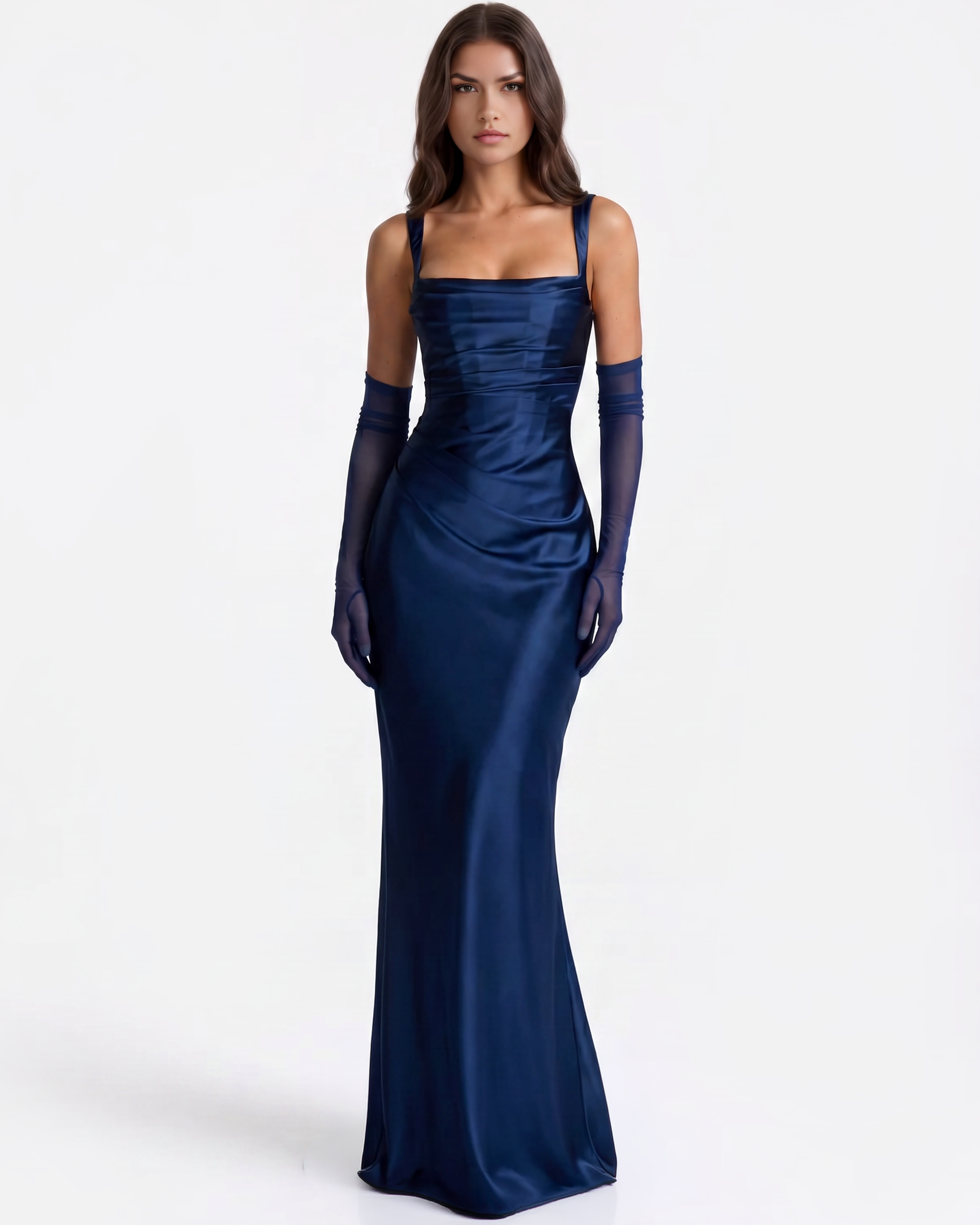 Adrienne Pleated Satin Maxi Formal Dress - Navy - Ciel Cee