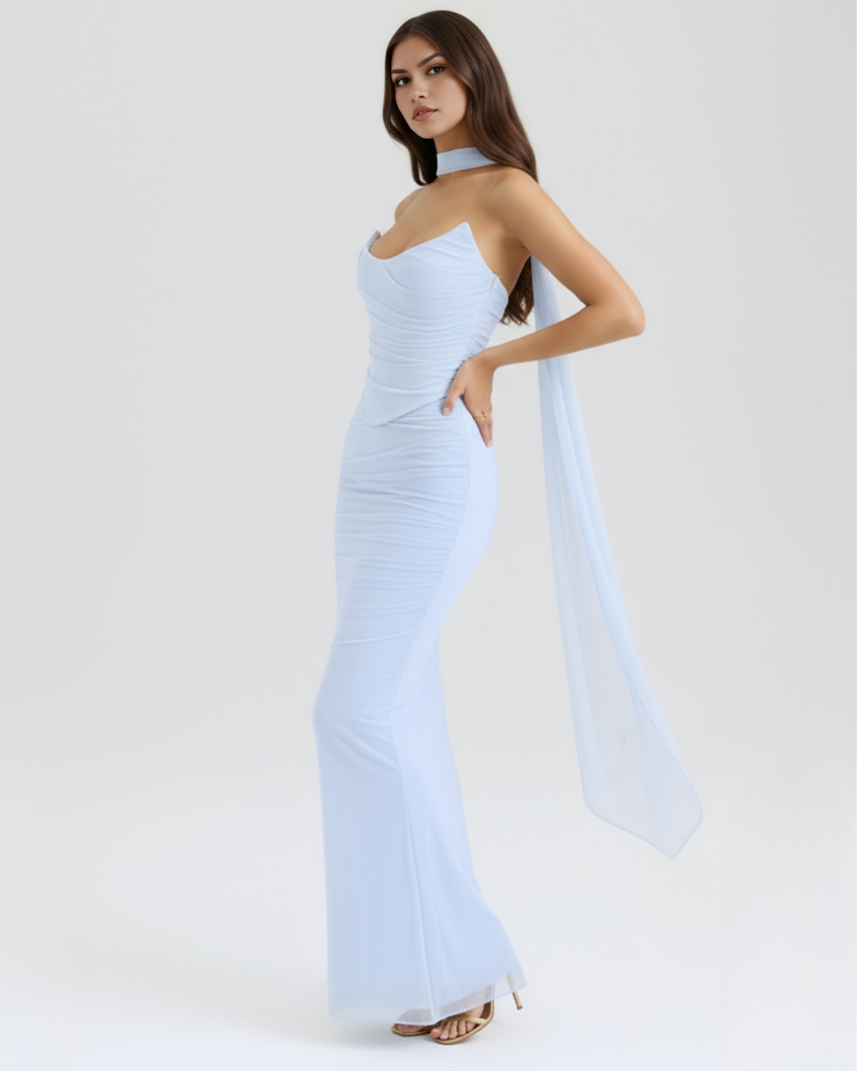 Malu Mesh Ruched Maxi Evening Dress - Black