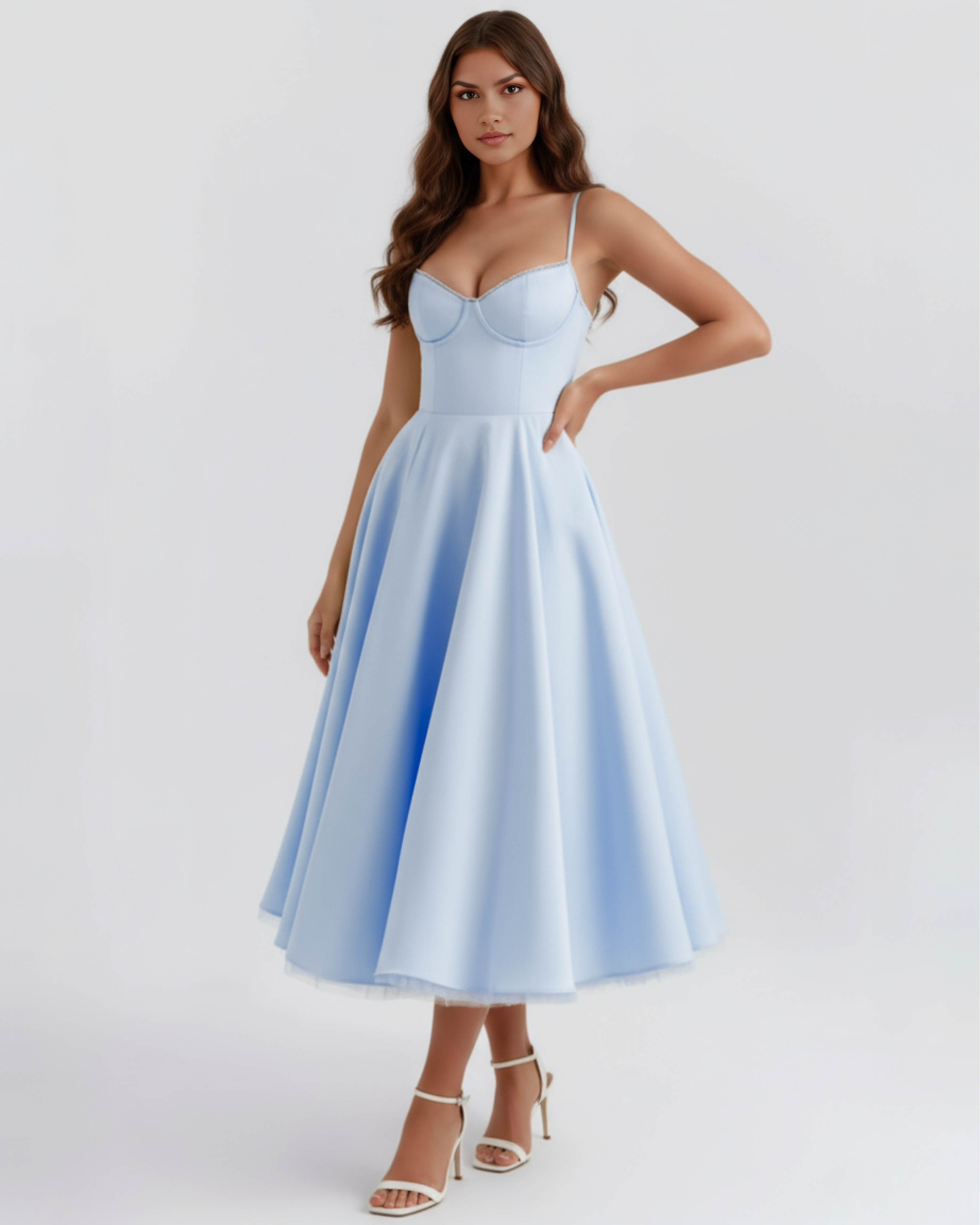 Selene Satin Mesh Midi Wedding Guest Dress - Ivory