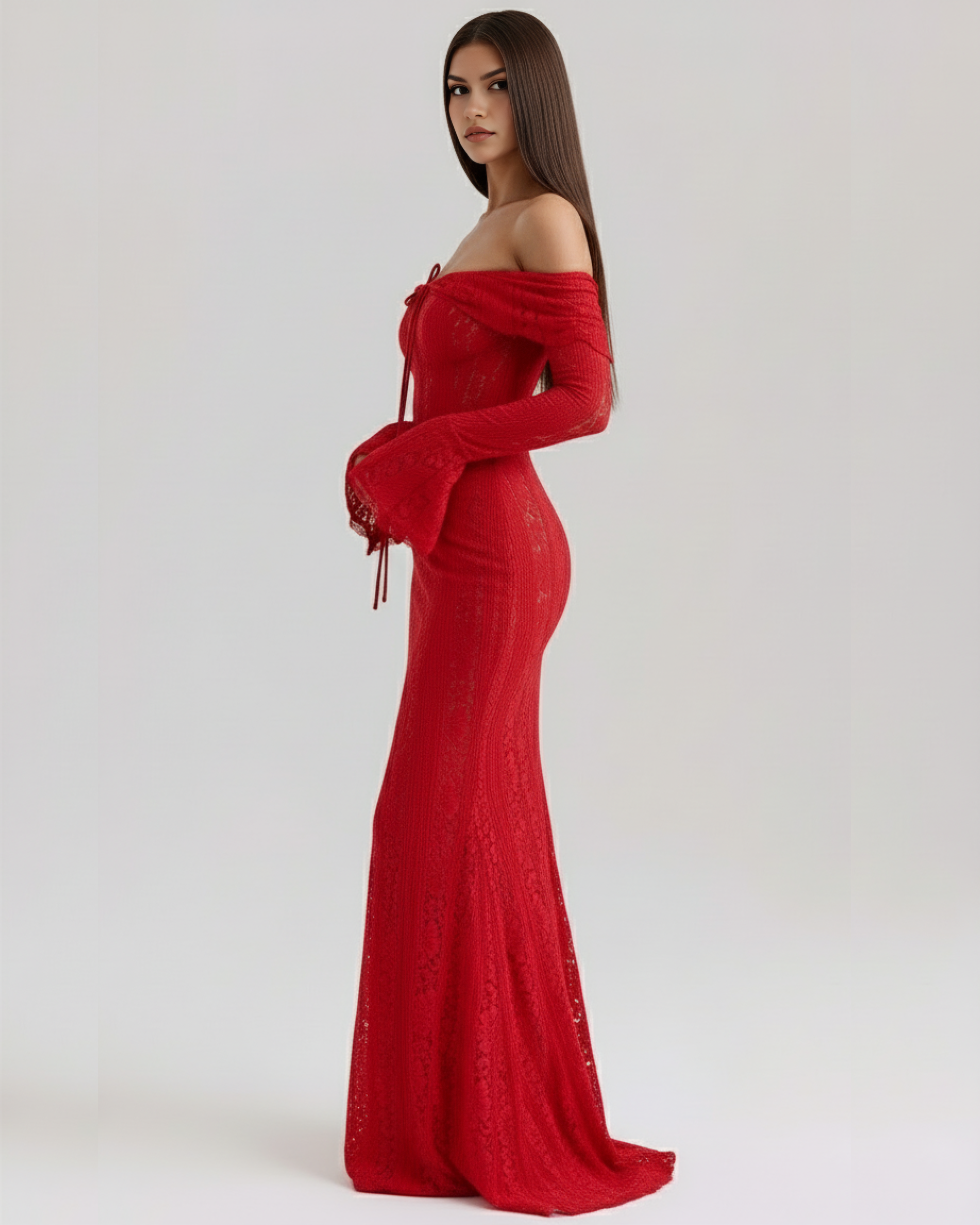 Alessandra Lace Off-Shoulder Maxi Evening Dress - Red