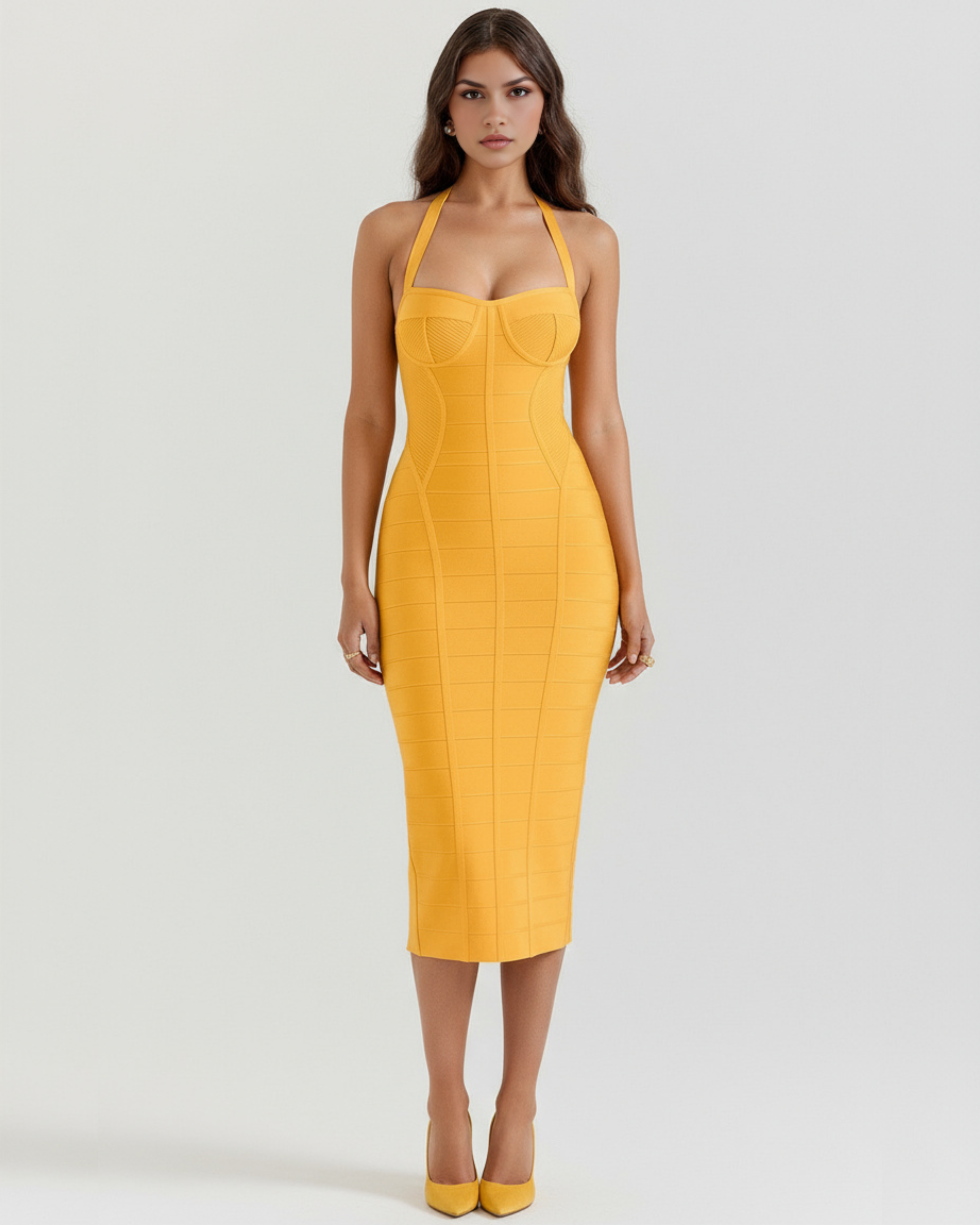 Cleopatra Bodycon Halter Midi Party Dress - Black