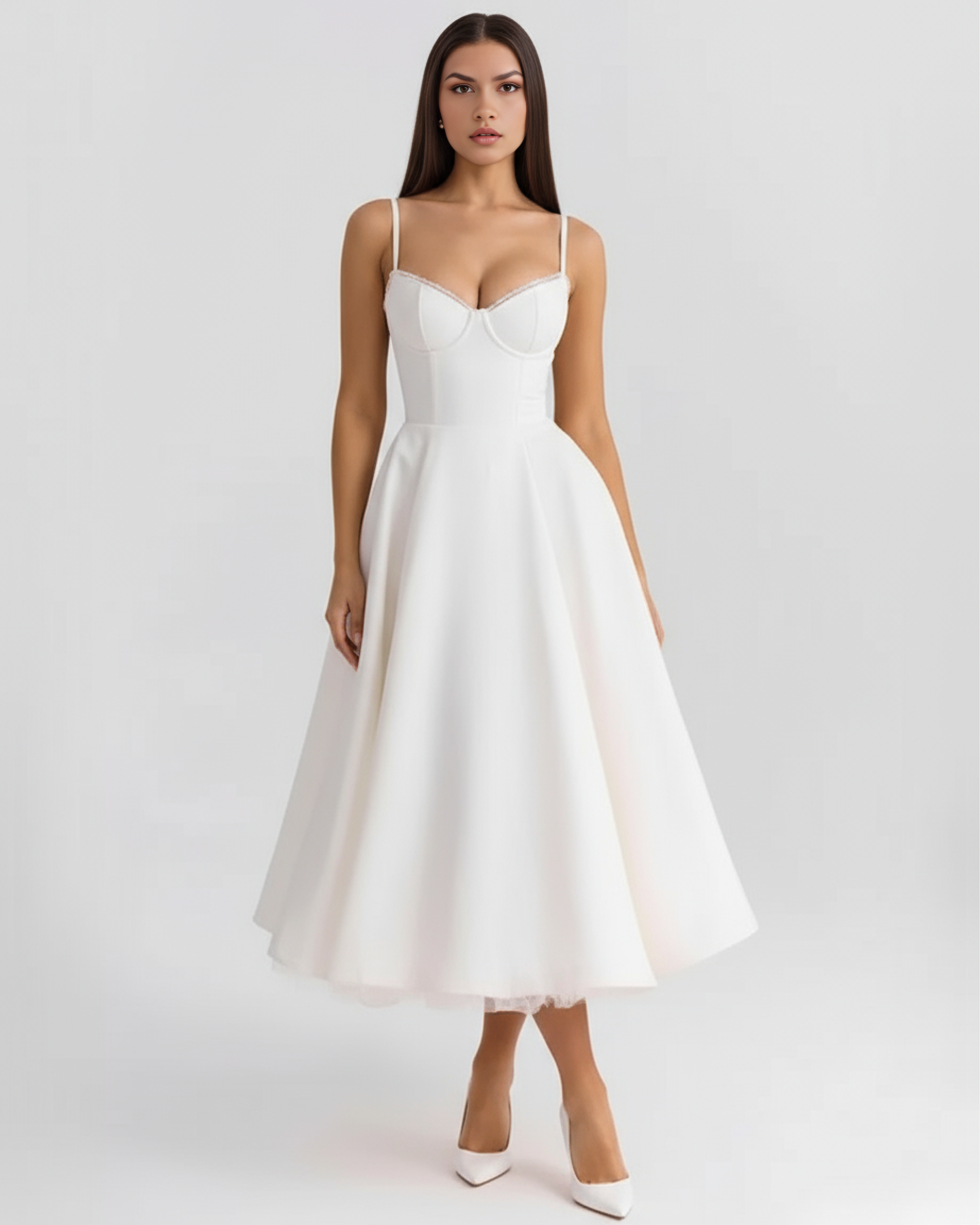 Selene Satin Mesh Midi Wedding Guest Dress - Ivory