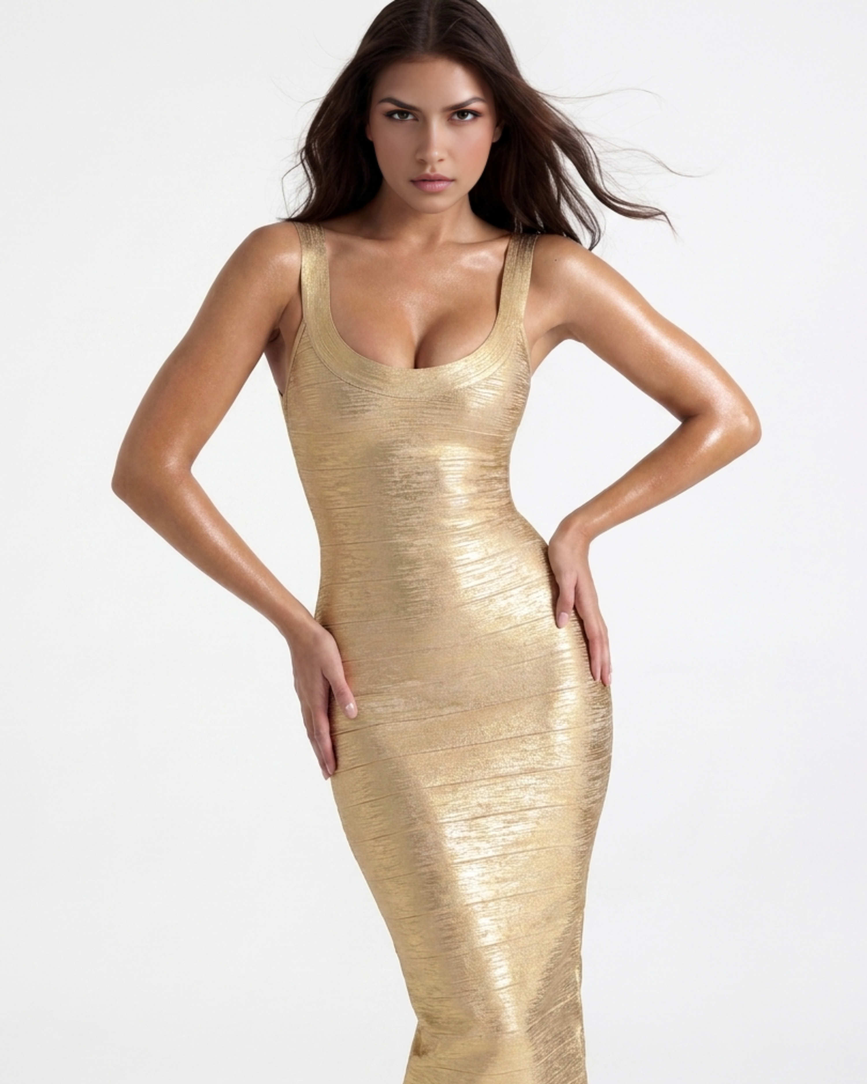 Beyoncé Fitted Bodycon Midi Cocktail Dress - Gold