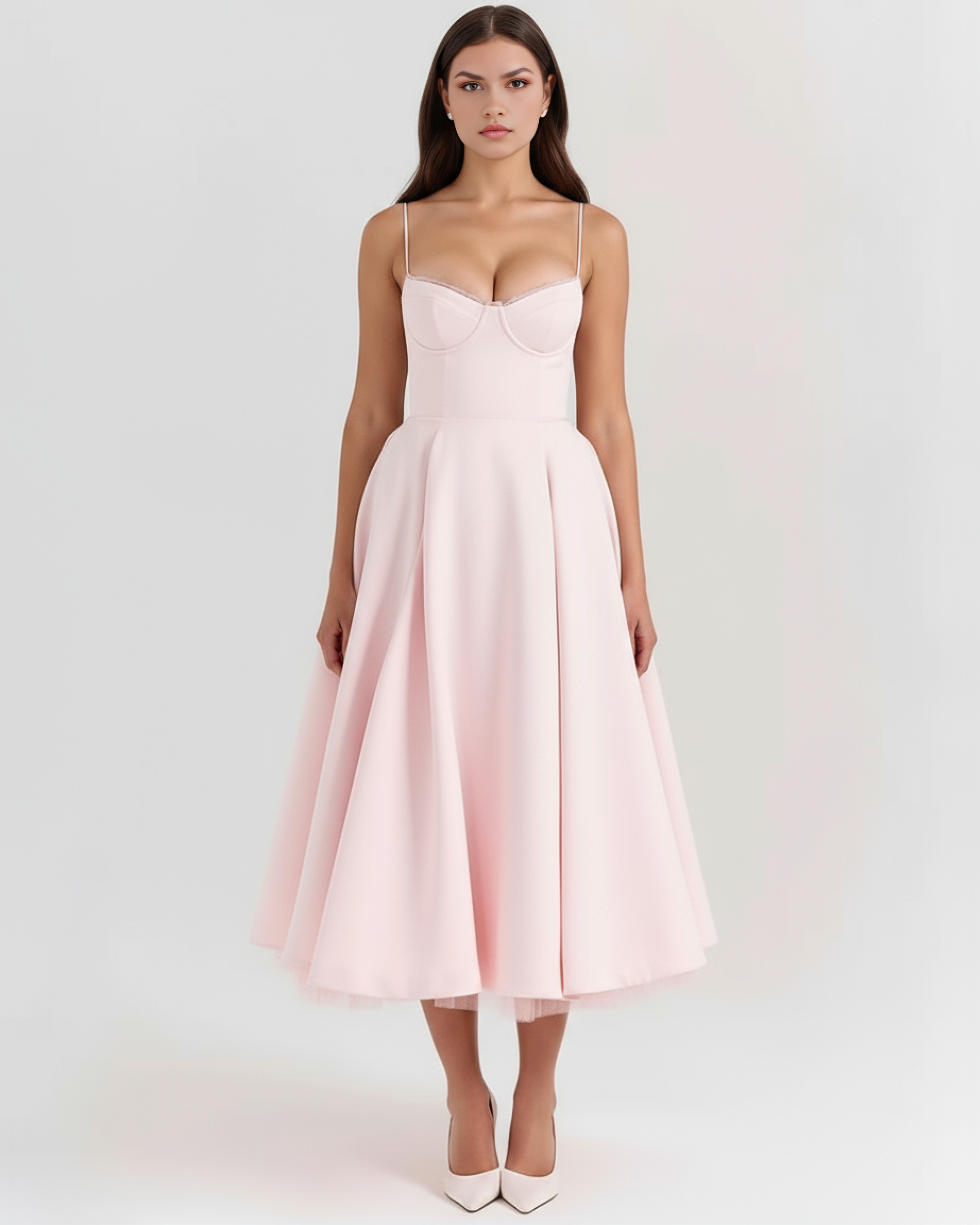 Selene Satin Mesh Midi Wedding Guest Dress - Ivory
