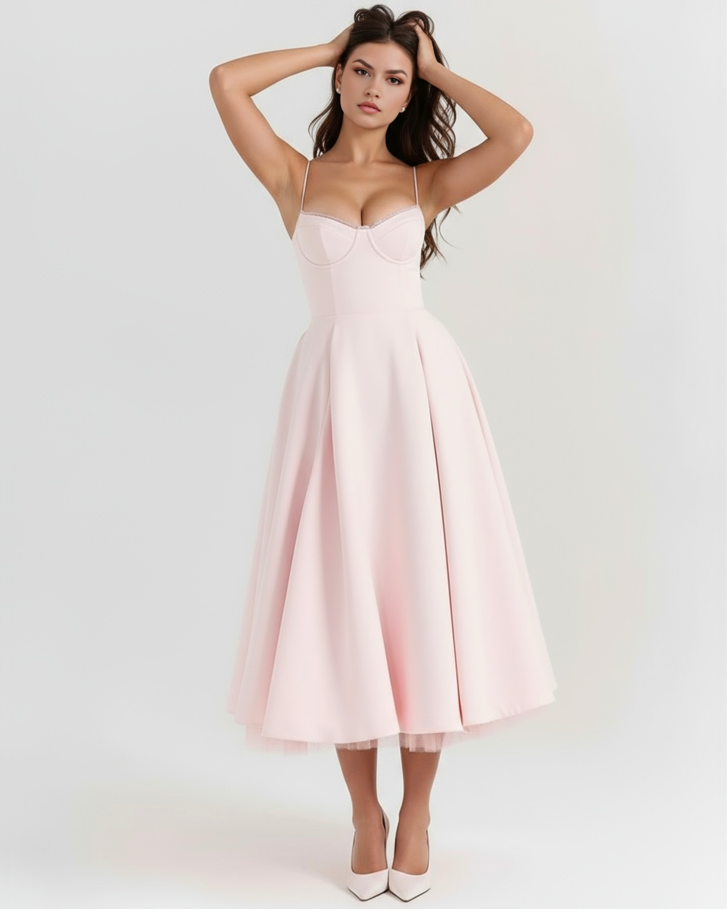 Selene Satin Mesh Midi Wedding Guest Dress - Ivory