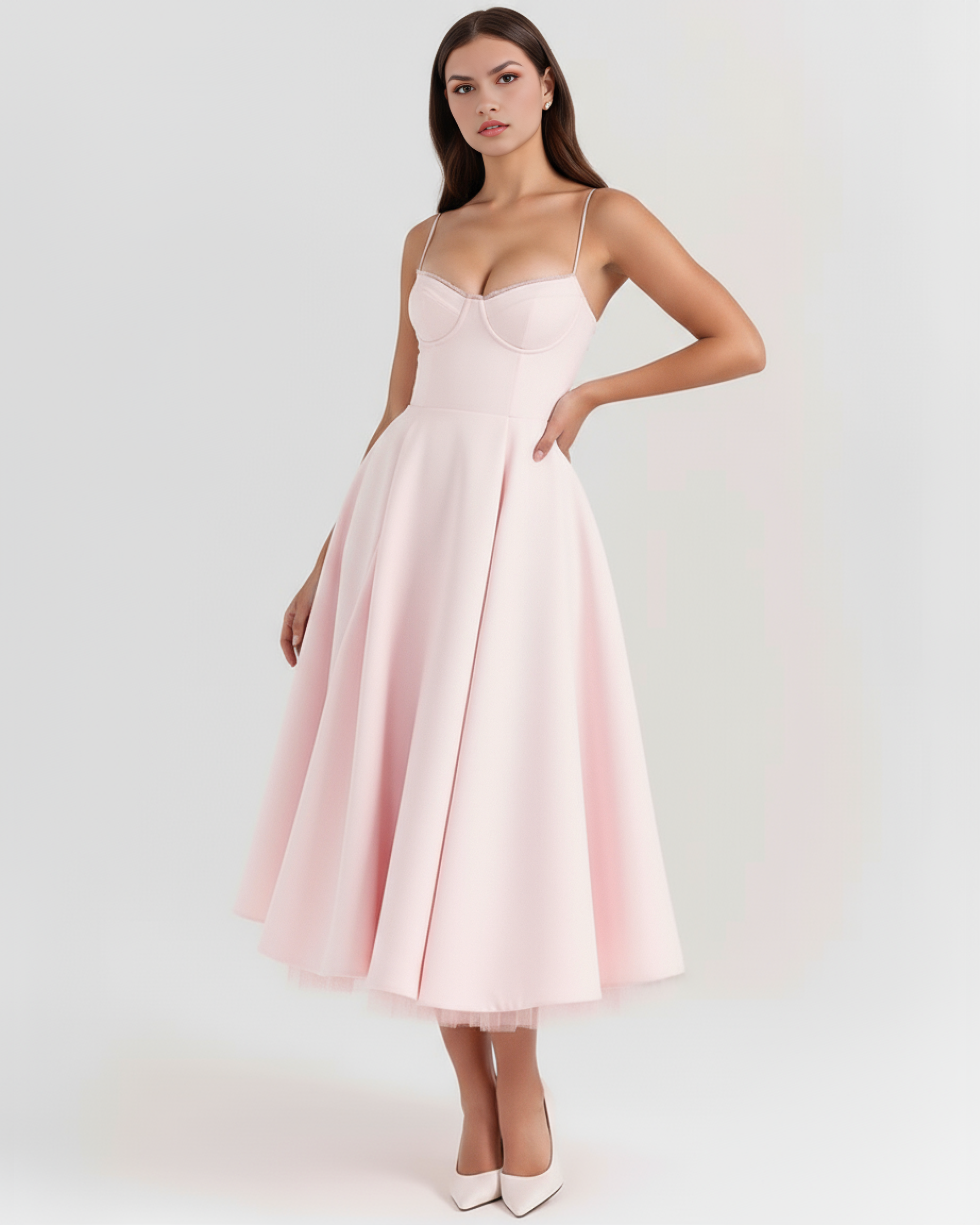Selene Satin Mesh Midi Wedding Guest Dress - Ivory