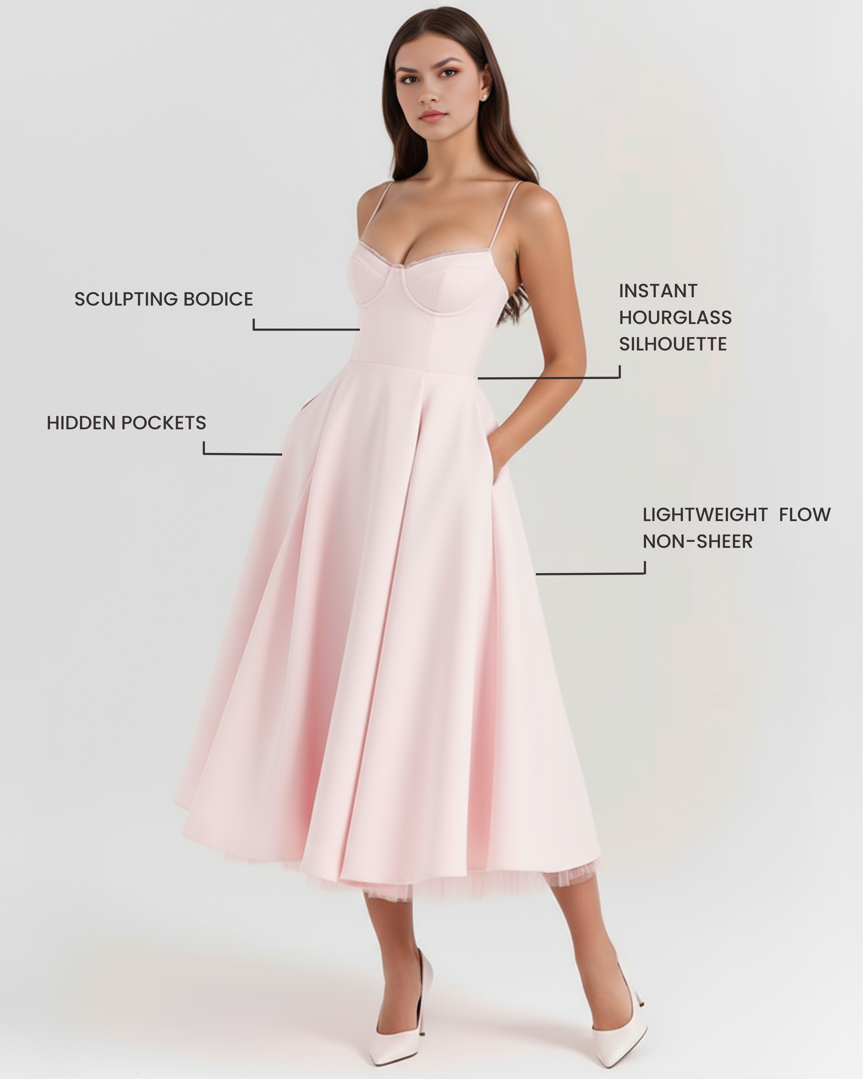 Selene Satin Mesh Midi Wedding Guest Dress - Ivory
