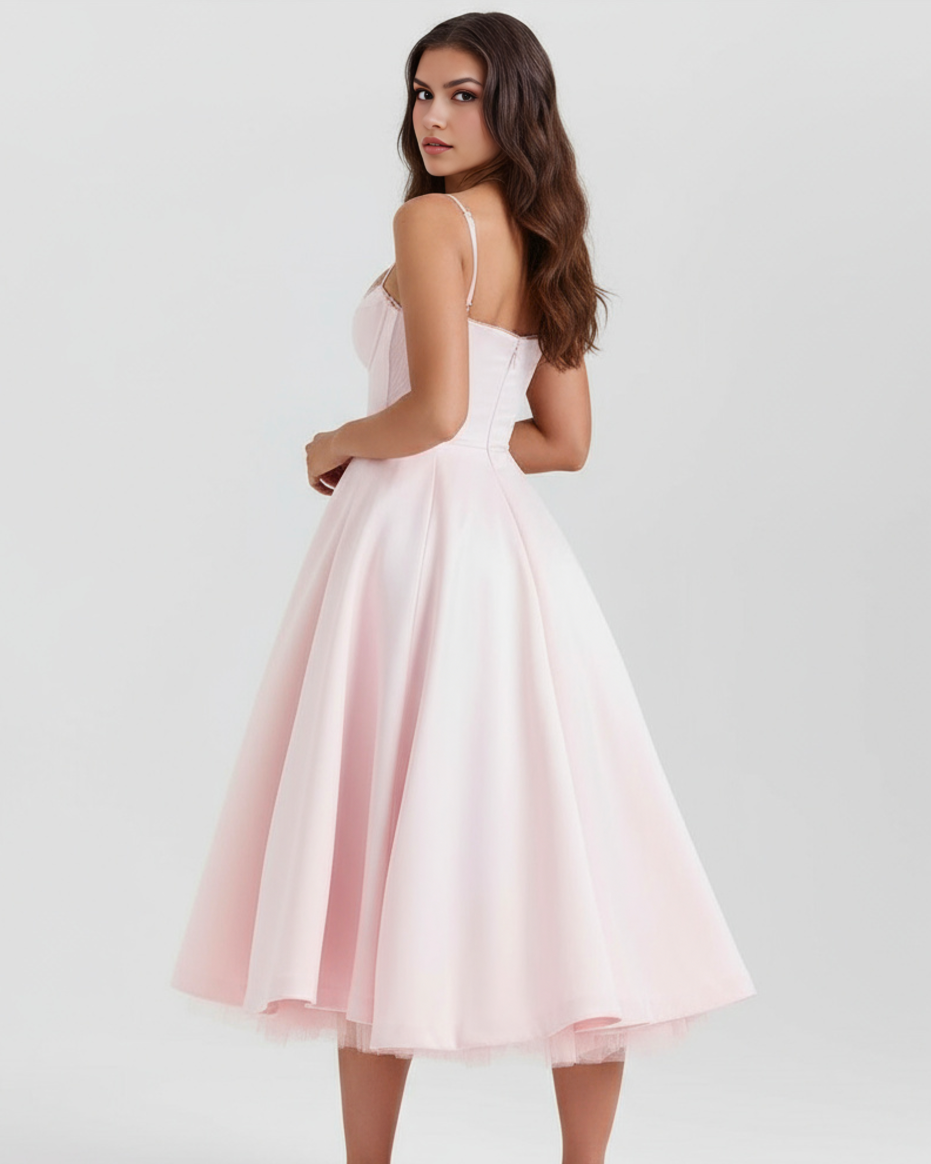 Selene Satin Mesh Midi Wedding Guest Dress - Ivory