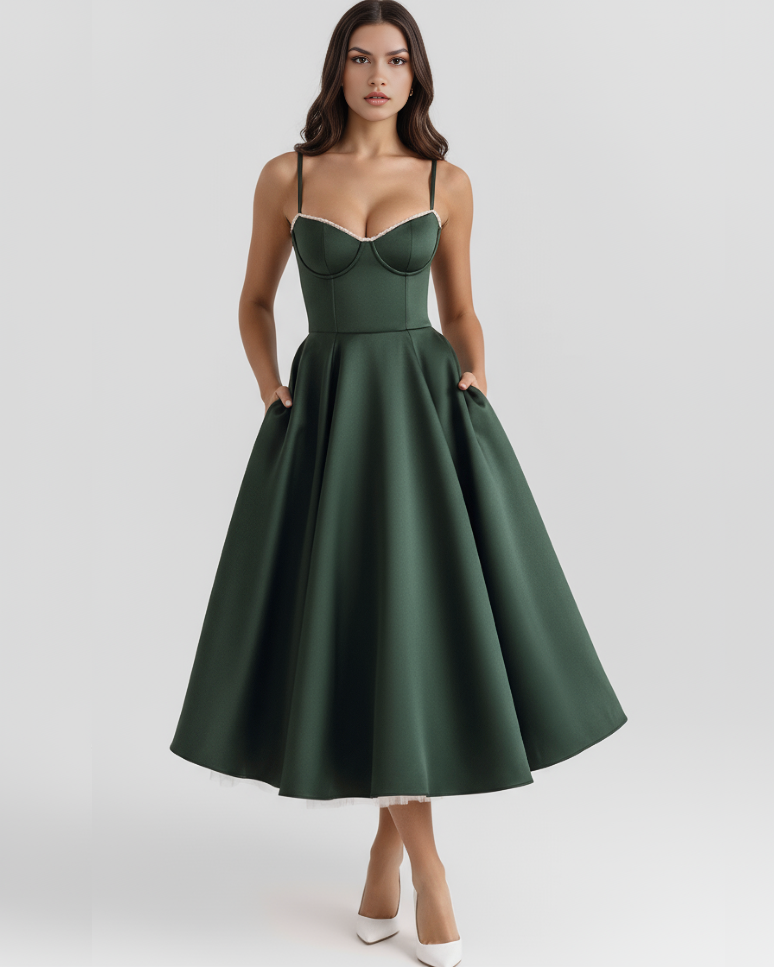 Selene Satin Mesh Midi Wedding Guest Dress - Champagne