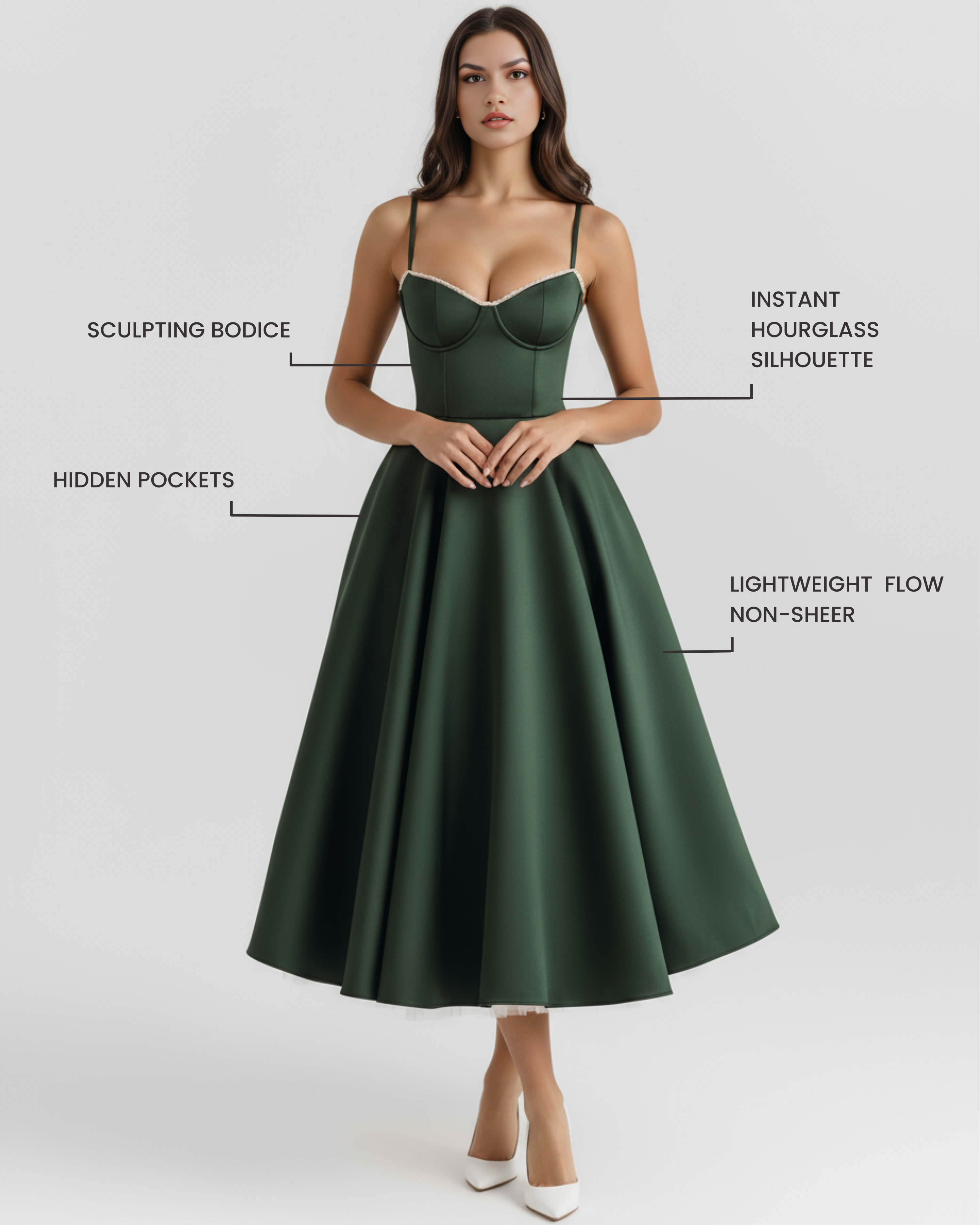 Selene Satin Mesh Midi Wedding Guest Dress - Ivory