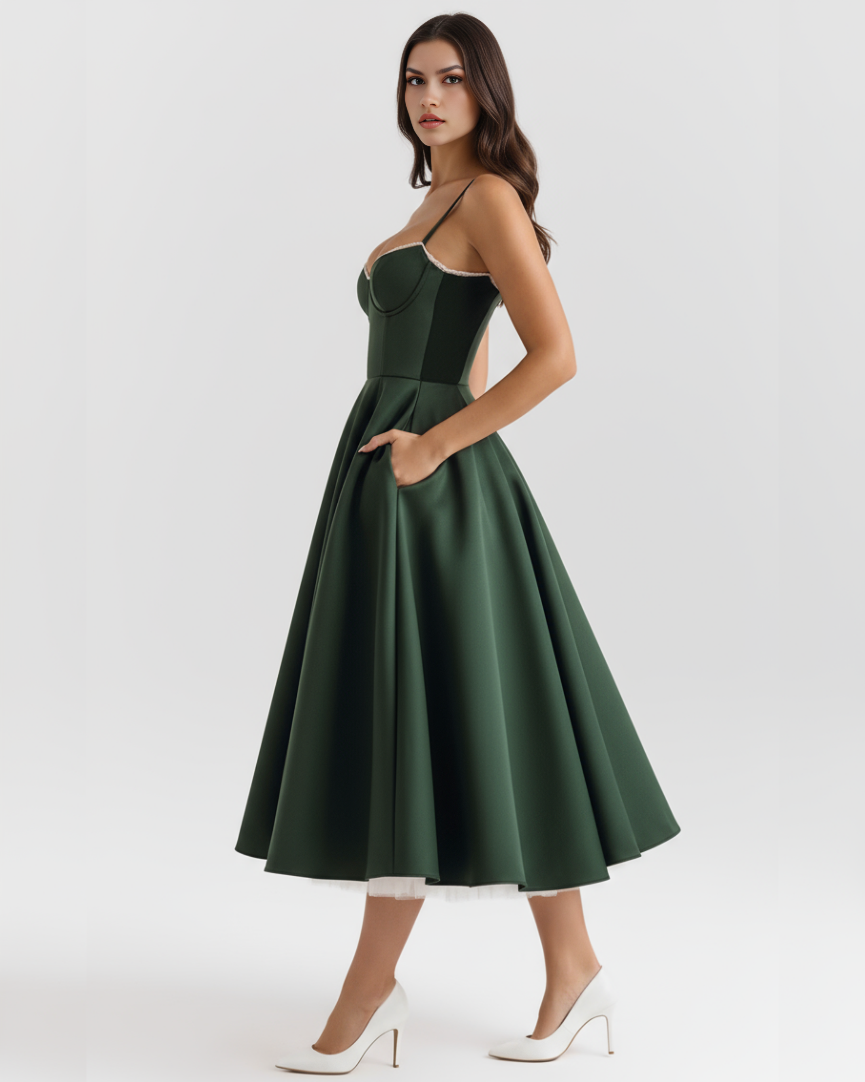 Selene Satin Mesh Midi Wedding Guest Dress - Ivory