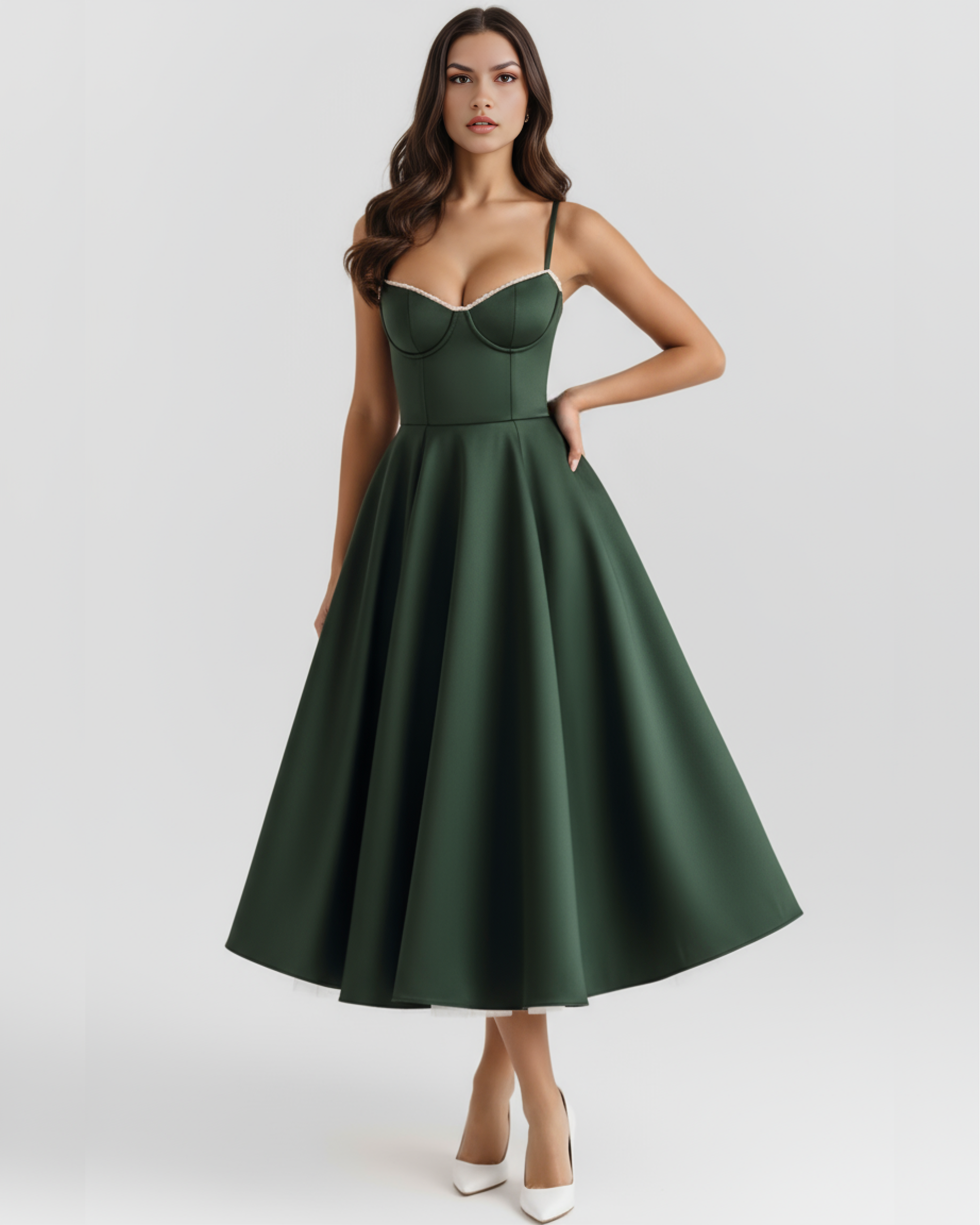 Selene Satin Mesh Midi Wedding Guest Dress - Ivory
