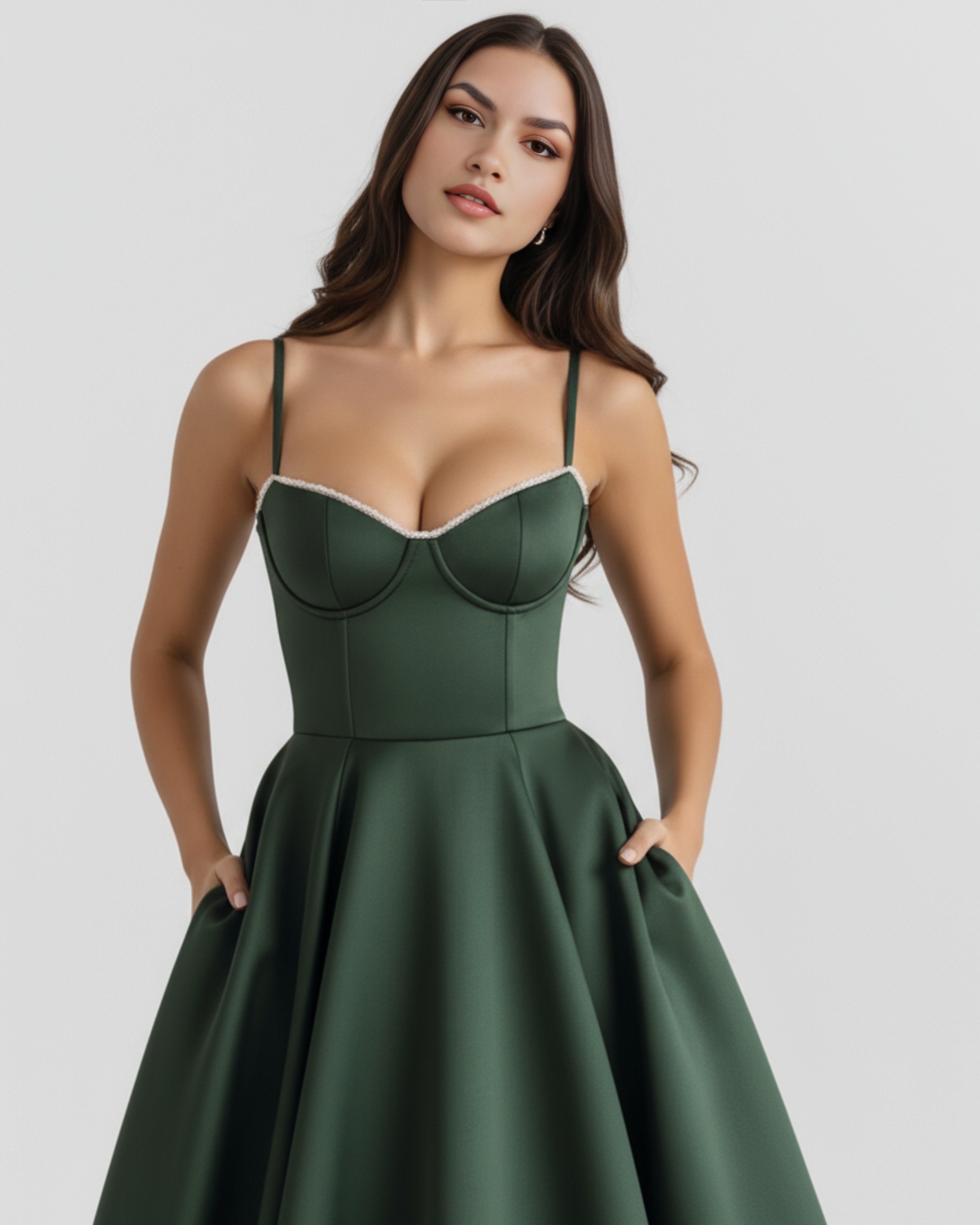 Selene Satin Mesh Midi Wedding Guest Dress - Ivory