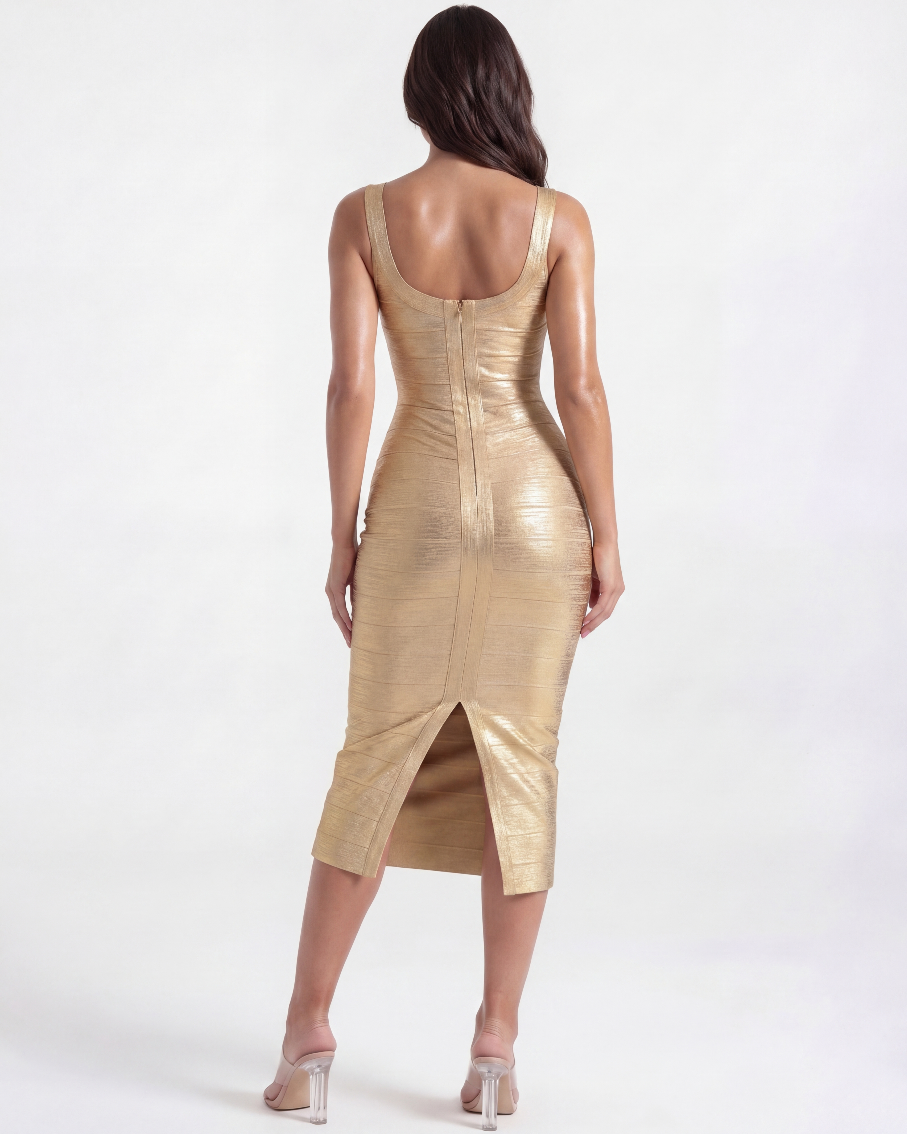 Beyoncé Fitted Bodycon Midi Cocktail Dress - Gold