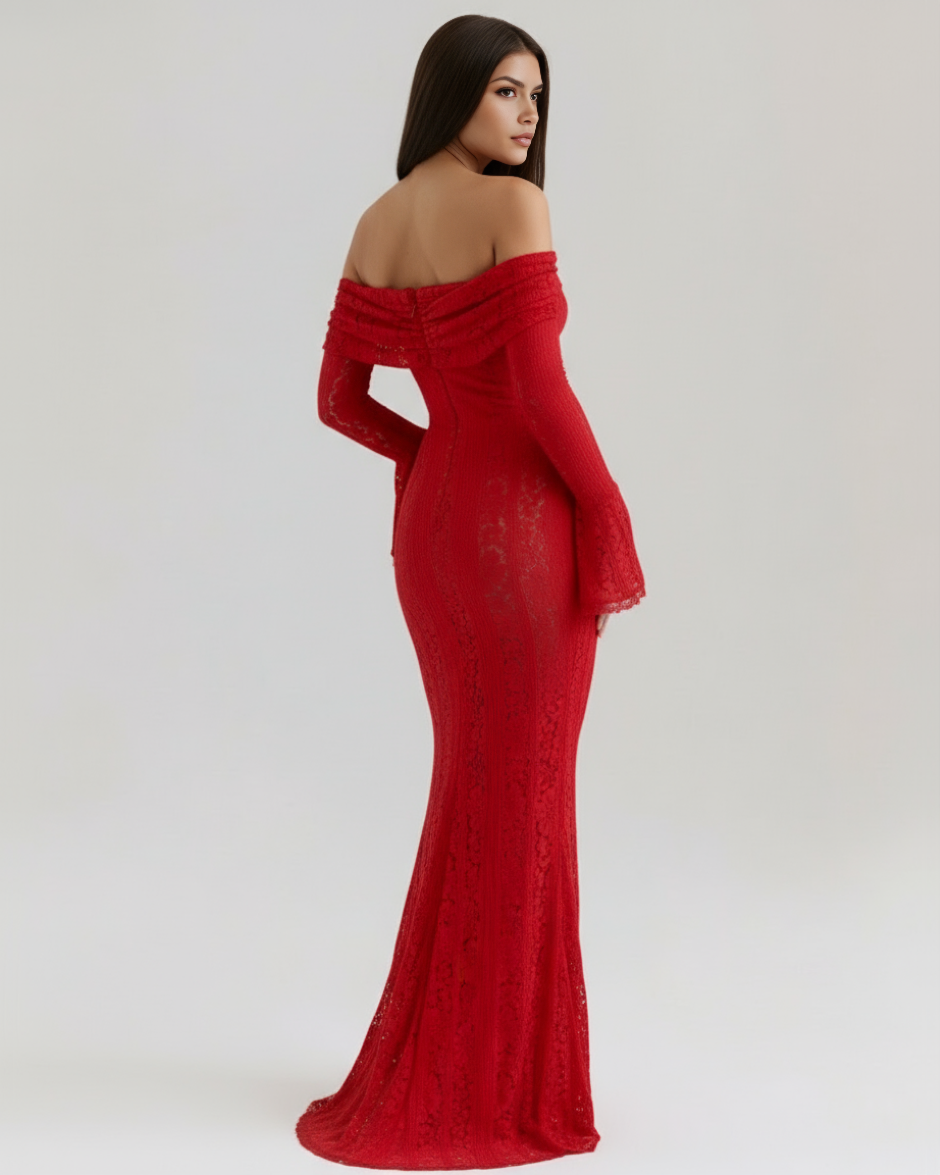 Alessandra Lace Off-Shoulder Maxi Evening Dress - Red